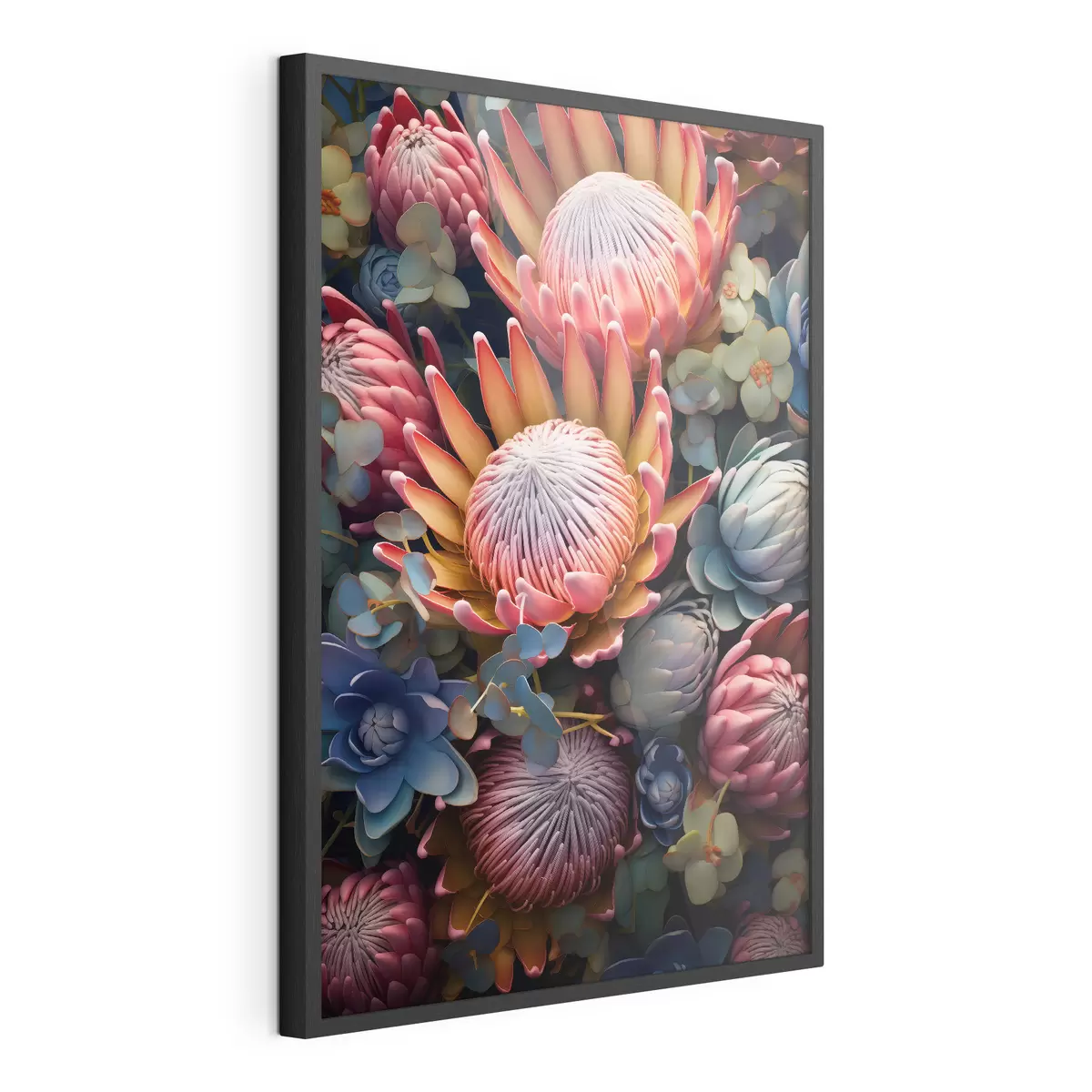 Poster Samenstelling van protea's, eucalyptus en vetplanten in een fotorealistische digitale kunststijl f46925