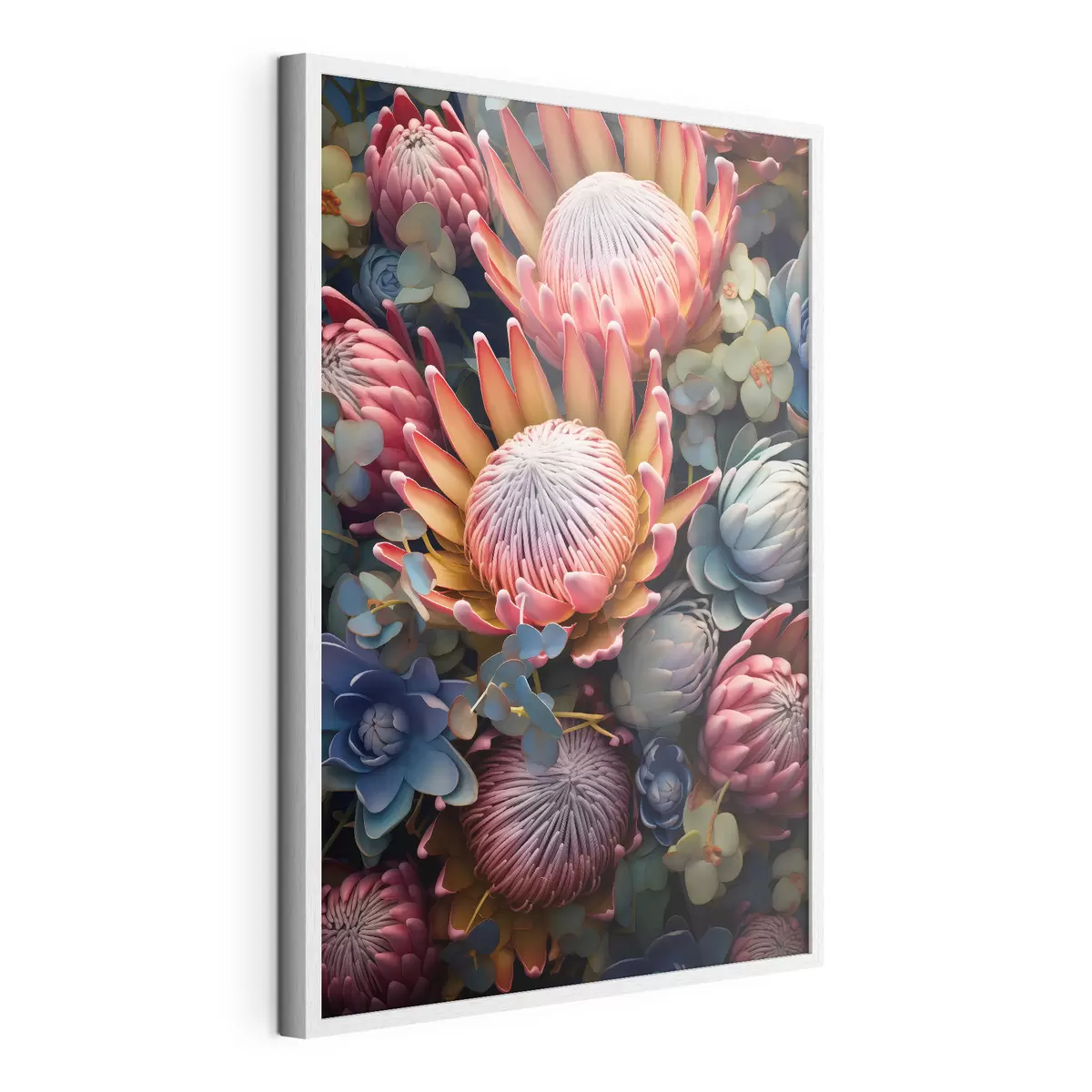Poster Samenstelling van protea's, eucalyptus en vetplanten in een fotorealistische digitale kunststijl f46925