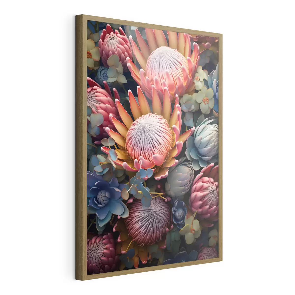 Poster Samenstelling van protea's, eucalyptus en vetplanten in een fotorealistische digitale kunststijl f46925
