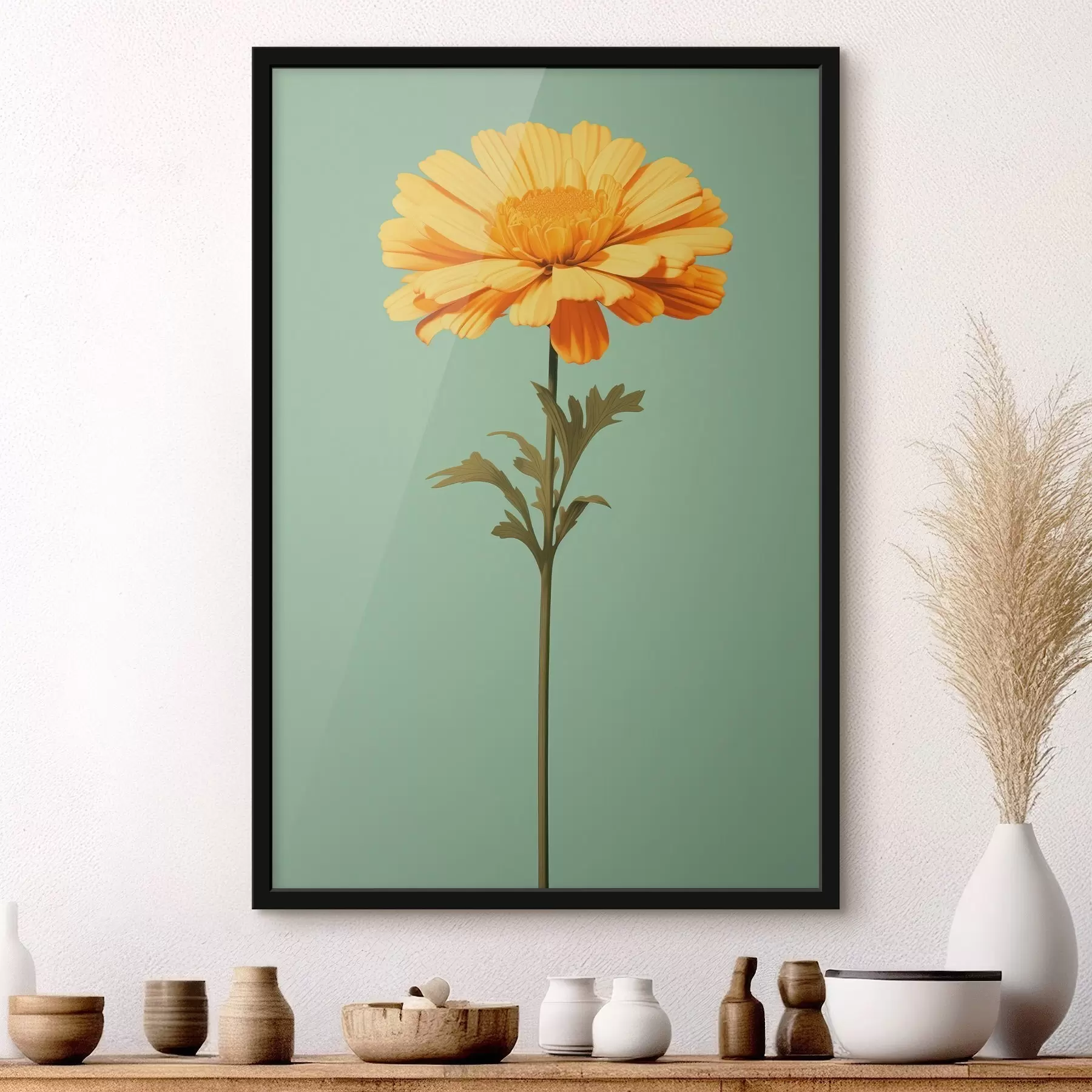 Fotobehang Gele calendula op een muntgroene achtergrond in minimalistische stijl f46926