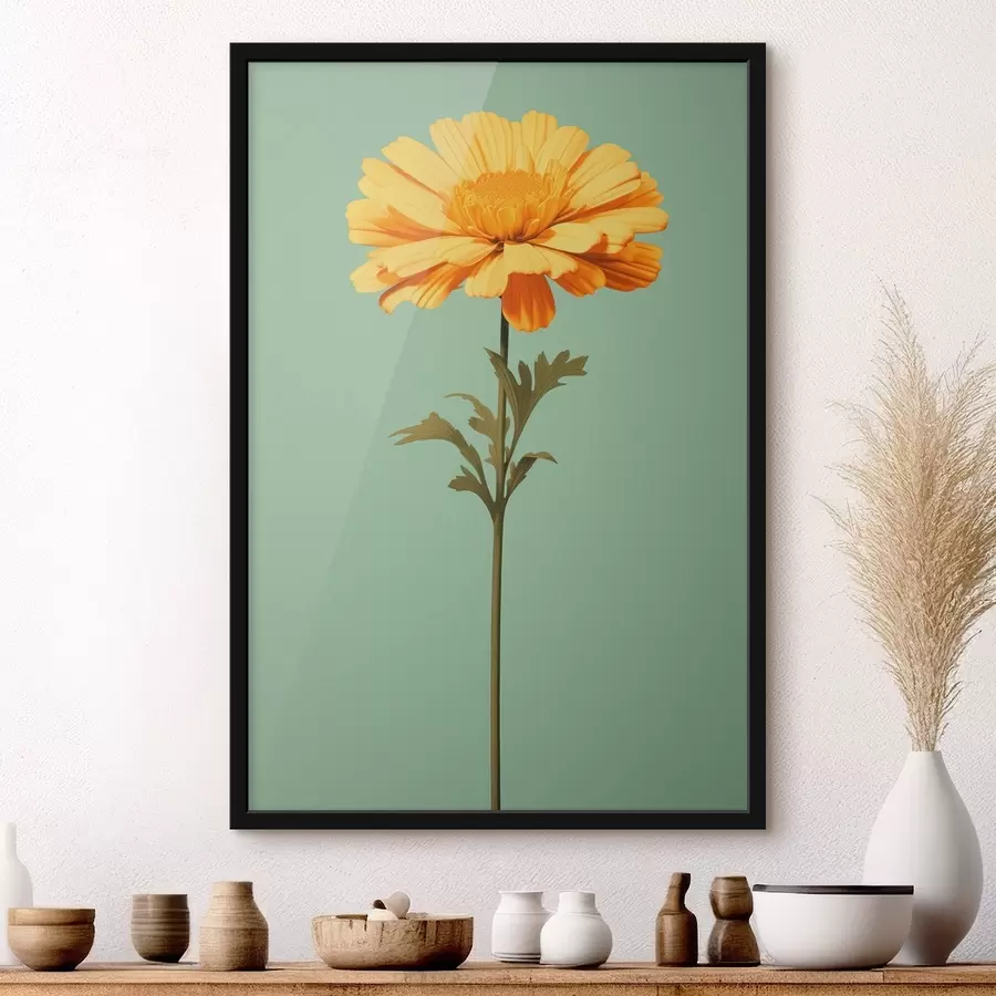 Fotobehang Gele calendula op een muntgroene achtergrond in minimalistische stijl f46926
