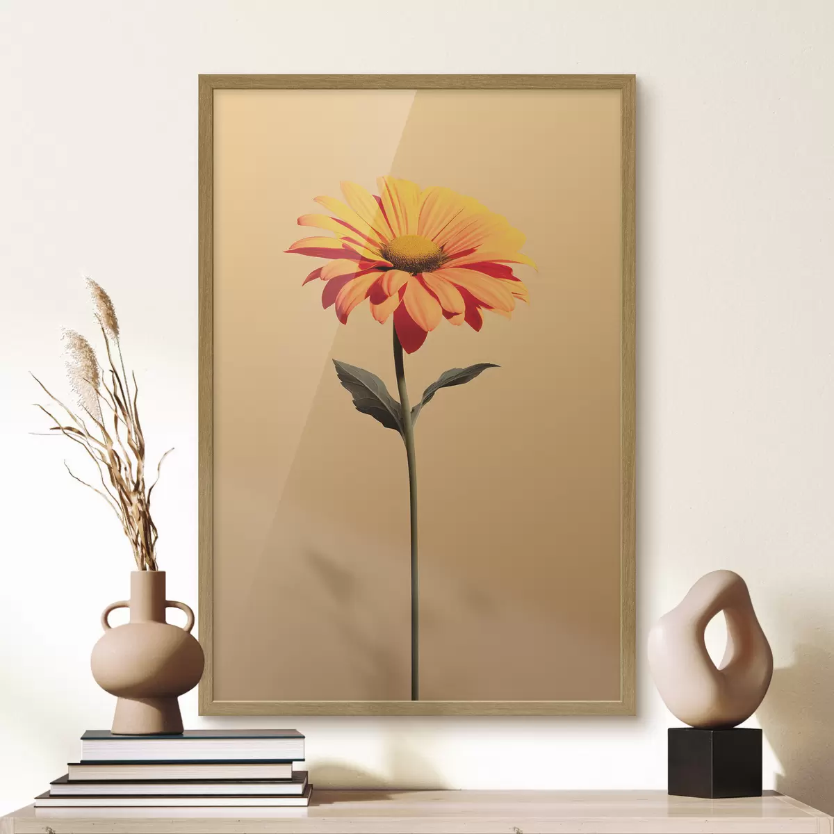 Poster Gerbera-bloem op een effen achtergrond met zacht licht in een minimalistische stijl f46928