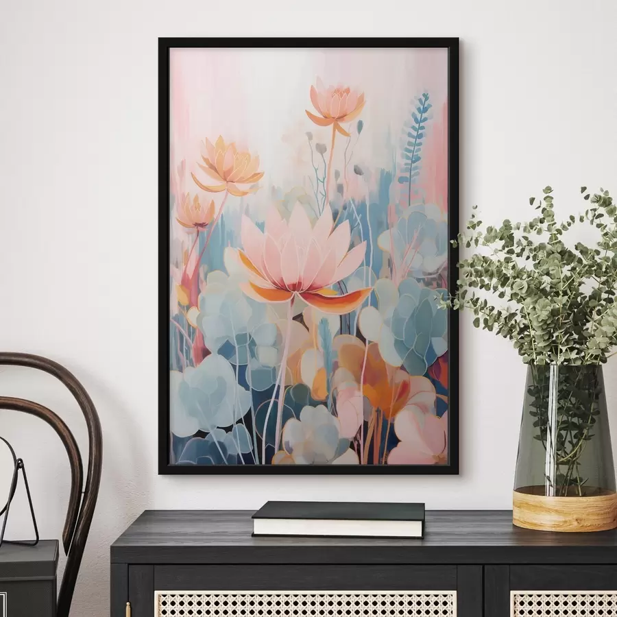 Fotobehang Lotusbloemen en decoratief blad in een roze-blauw kleurenpalet f46929
