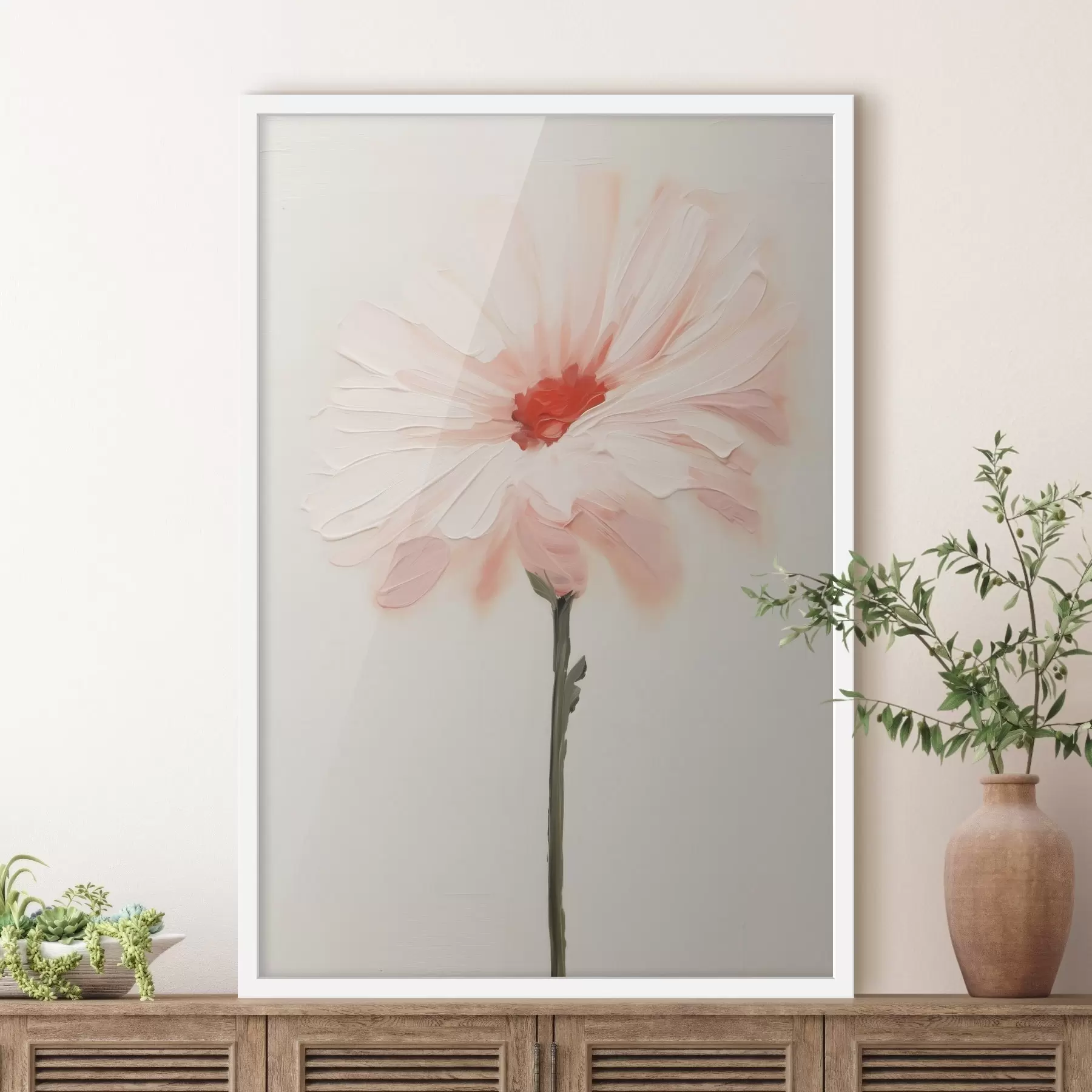 Fotobehang Witte en roze bloem met expressieve penseelstreken in een olieverfstijl f46933
