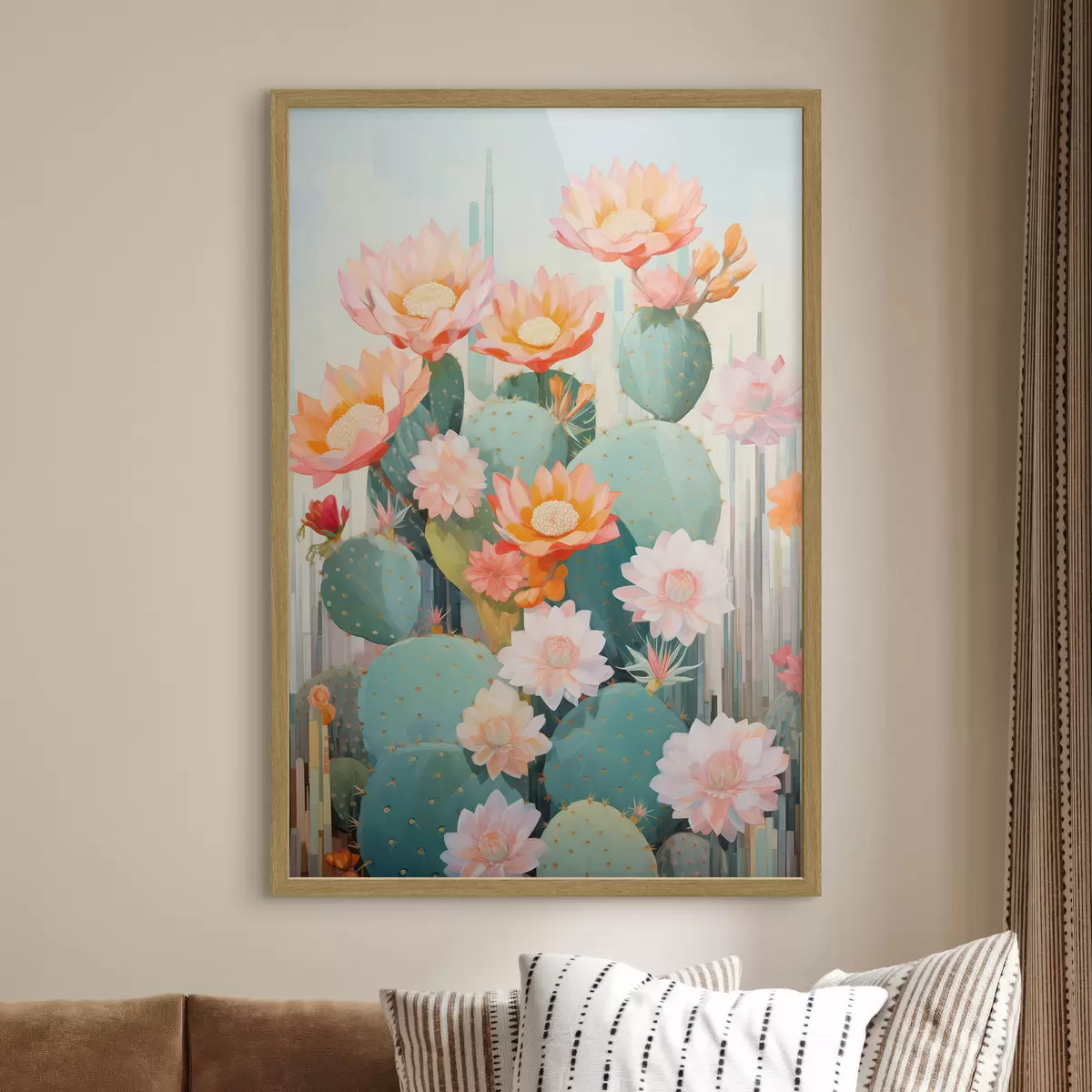 Poster Cactusbloementuin in een zacht pastelpalet in illustratiestijl f46935