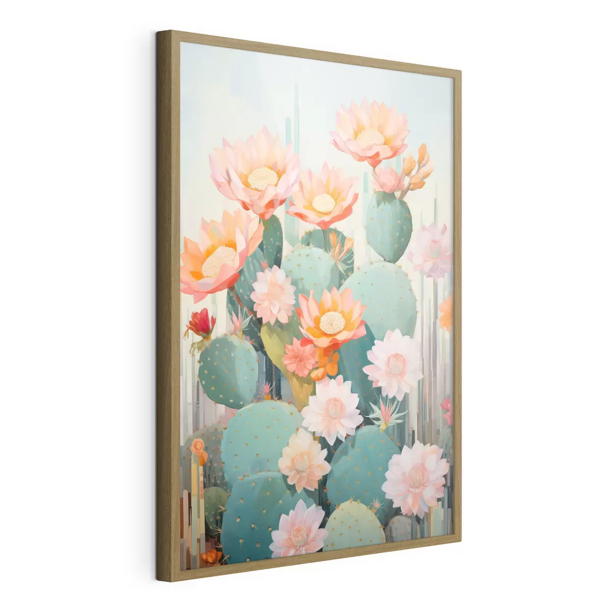Poster Cactusbloementuin in een zacht pastelpalet in illustratiestijl f46935