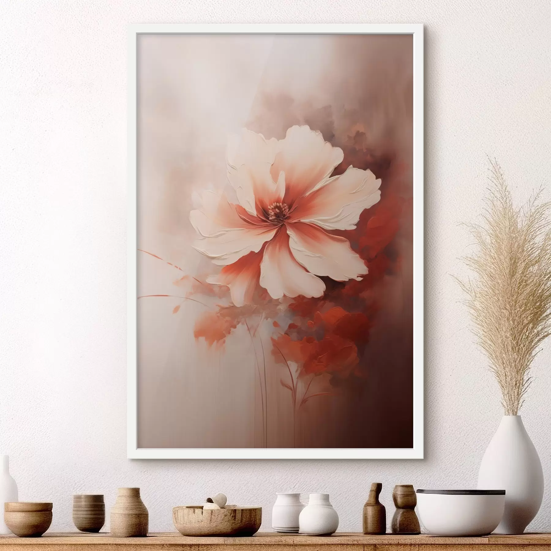 Fotobehang Delicate witte koraalbloem op een wazige achtergrond in een olieverfstijl f46938