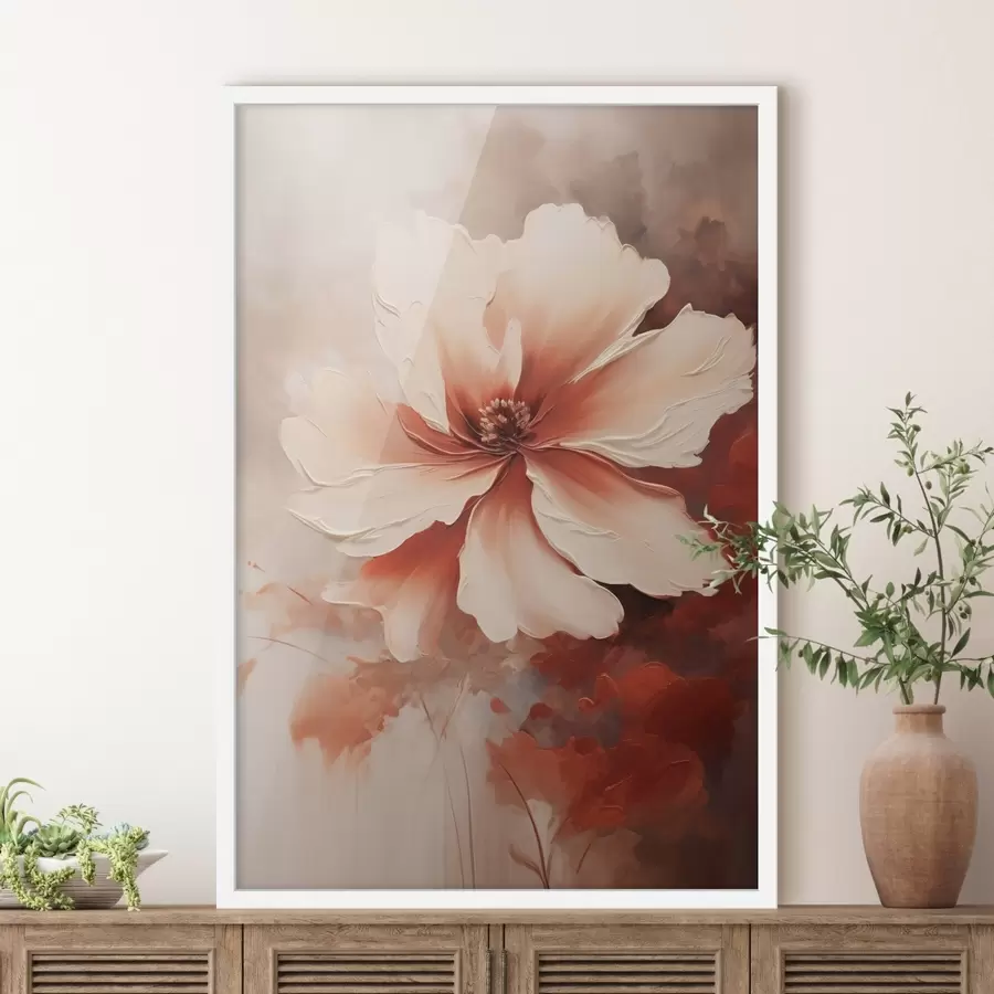 Fotobehang Close-up van een witte koraalbloem op een wazige achtergrond in olieverfstijl f46939