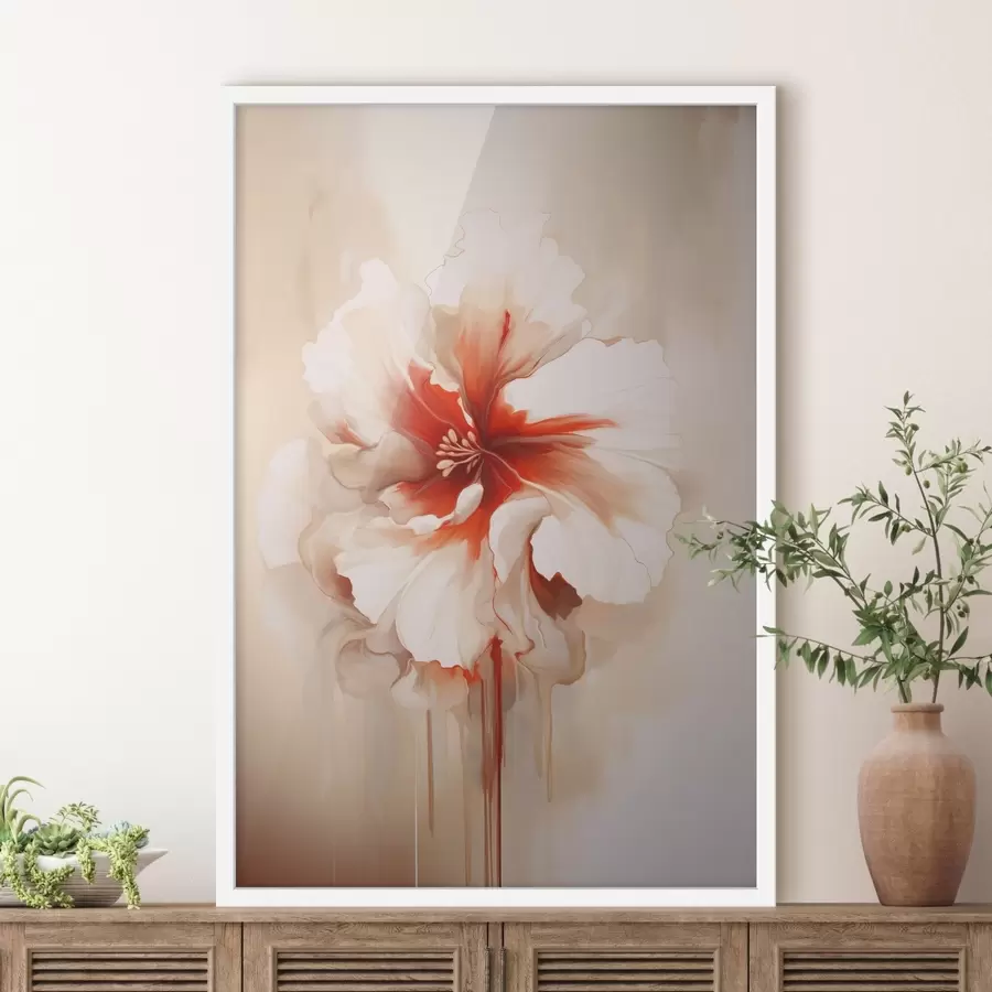 Fotobehang Witte en rode bloem met semi-transparante bloemblaadjes en vloeiende verfdruppels f46940