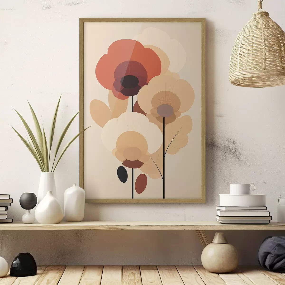 Poster Abstracte bloemen in een warm beige kleurenpalet in minimalistische stijl f46942