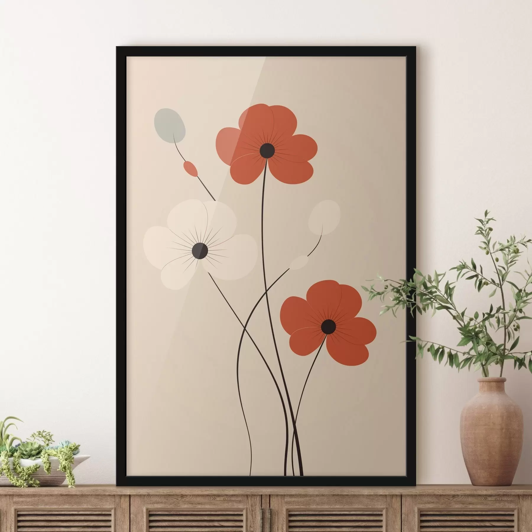 Fotobehang Abstracte compositie met dunne stengels en eenvoudige vormen in een minimalistische stijl f46943