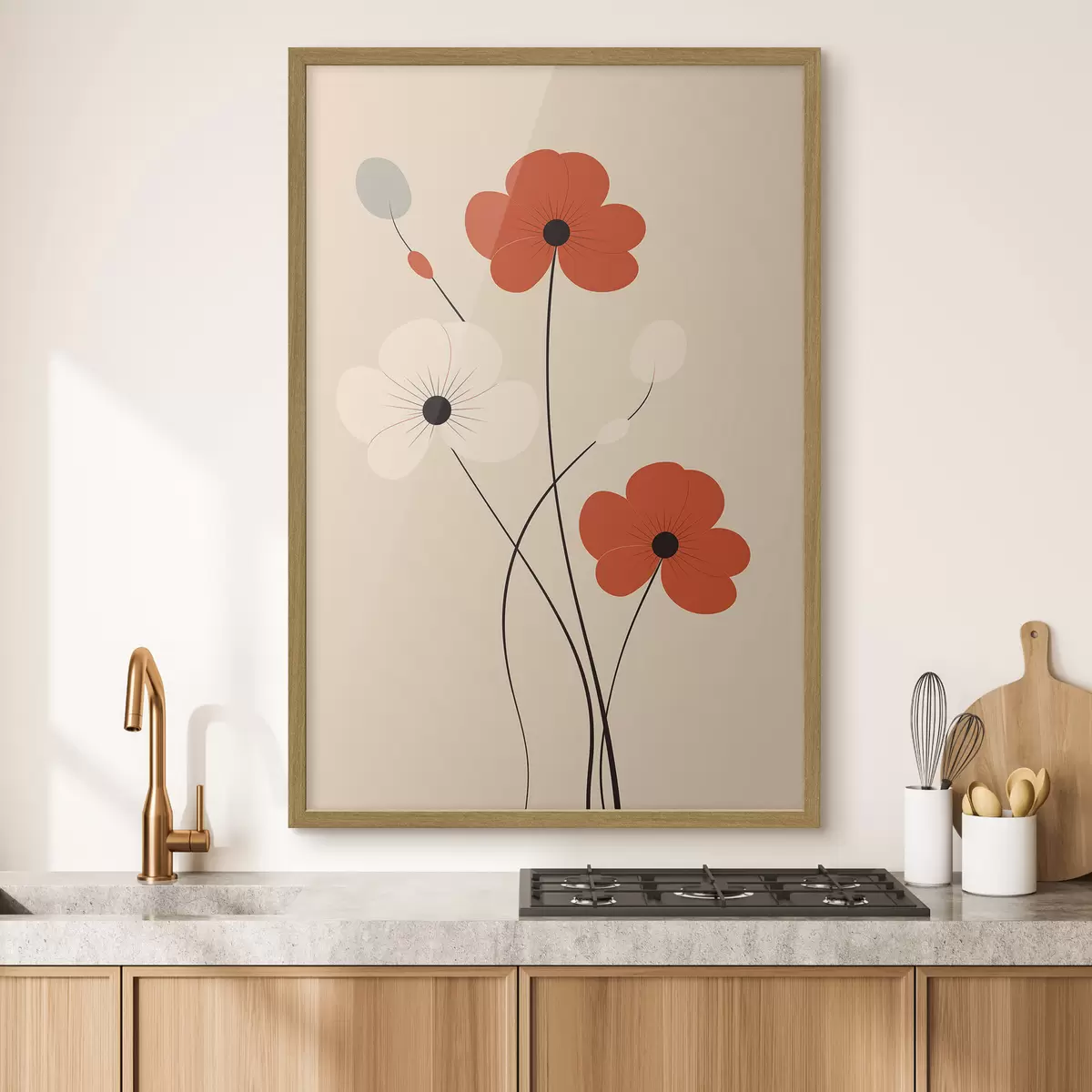 Poster Abstracte compositie met dunne stengels en eenvoudige vormen in een minimalistische stijl f46943