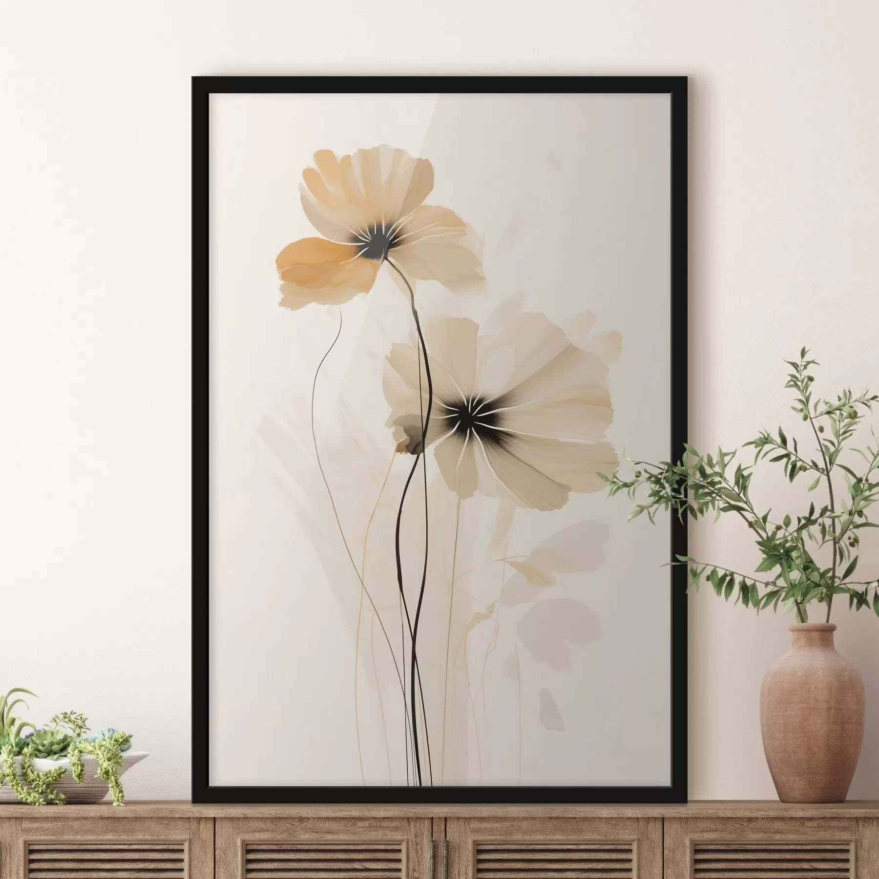 Fotobehang Bloemen in een beige-perzikkleurig palet met donkere hartjes in een minimalistische stijl f46945