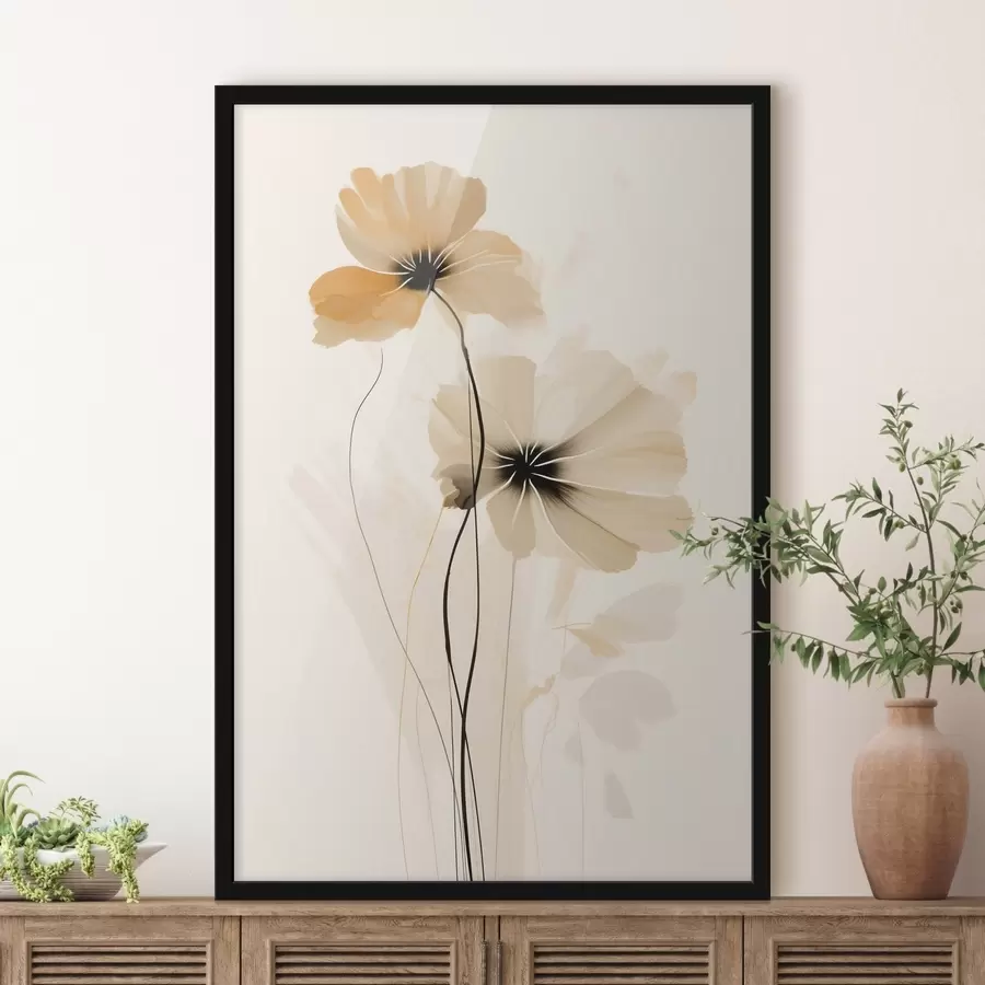 Fotobehang Bloemen in een beige-perzikkleurig palet met donkere hartjes in een minimalistische stijl f46945