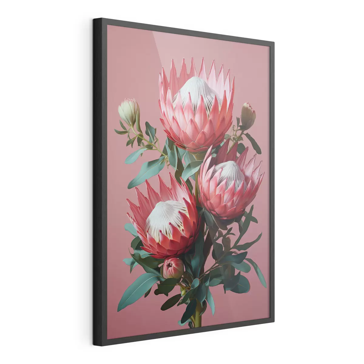 Poster Protea-boeket met rode bloemblaadjes en groen blad op een roze achtergrond f46946