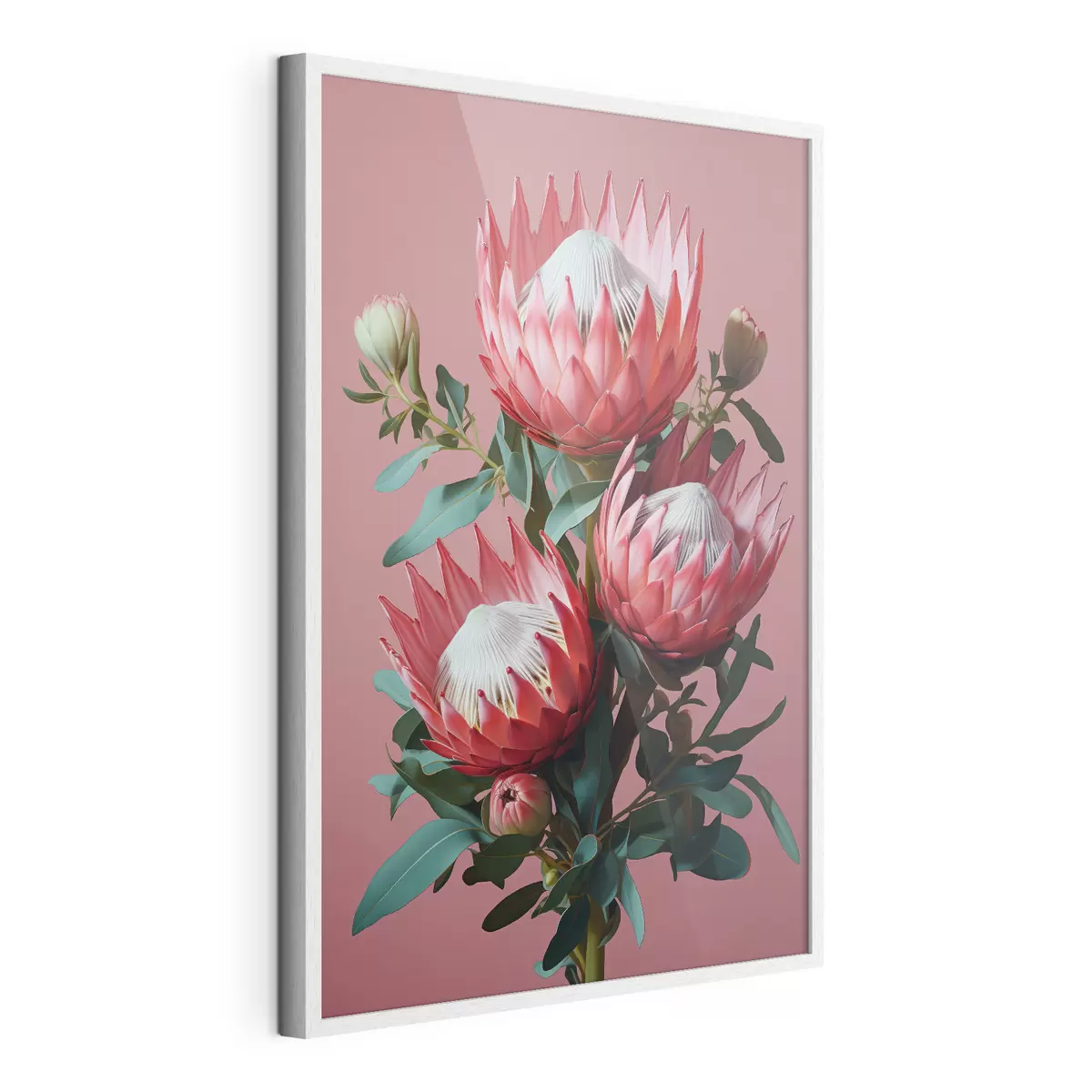 Poster Protea-boeket met rode bloemblaadjes en groen blad op een roze achtergrond f46946