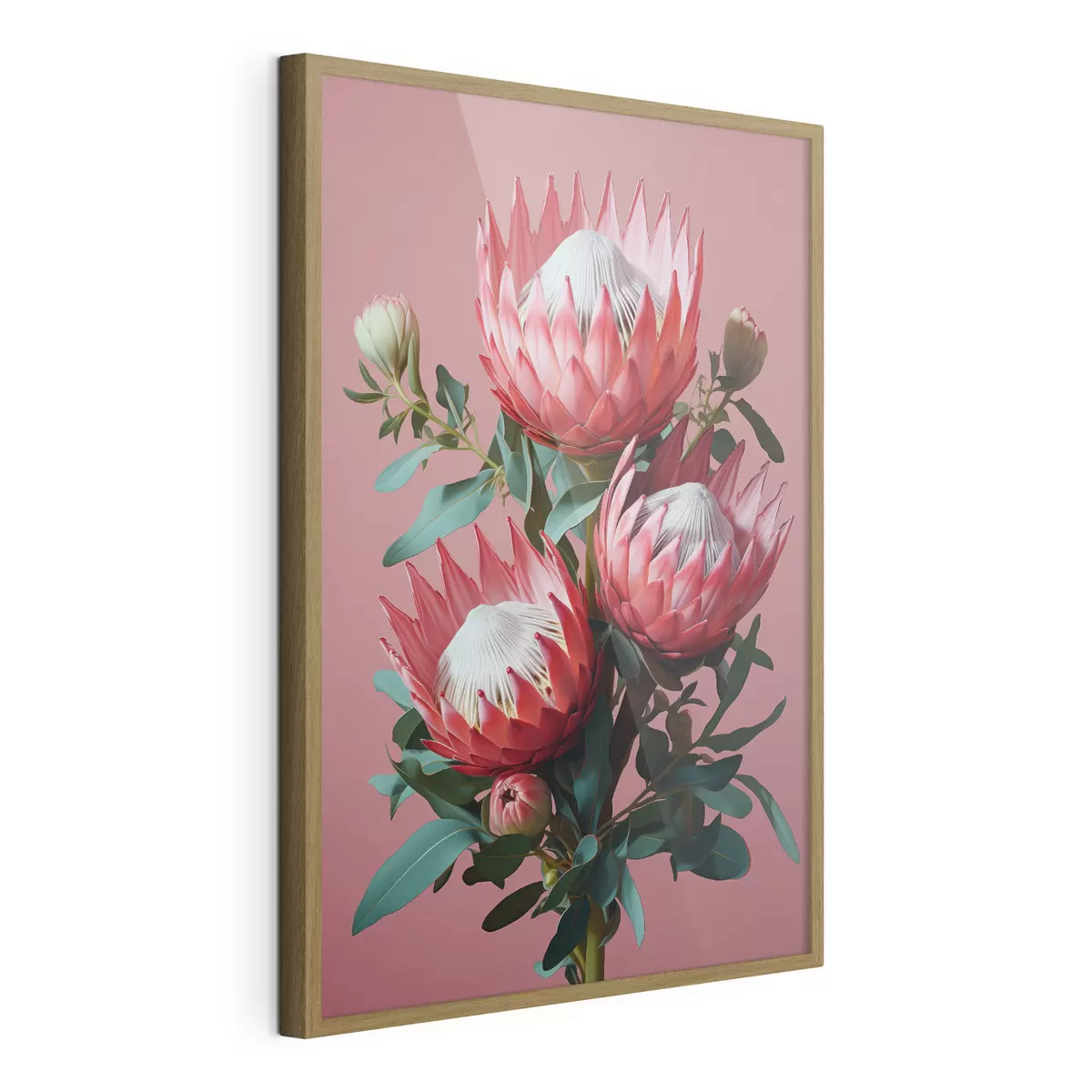 Poster Protea-boeket met rode bloemblaadjes en groen blad op een roze achtergrond f46946