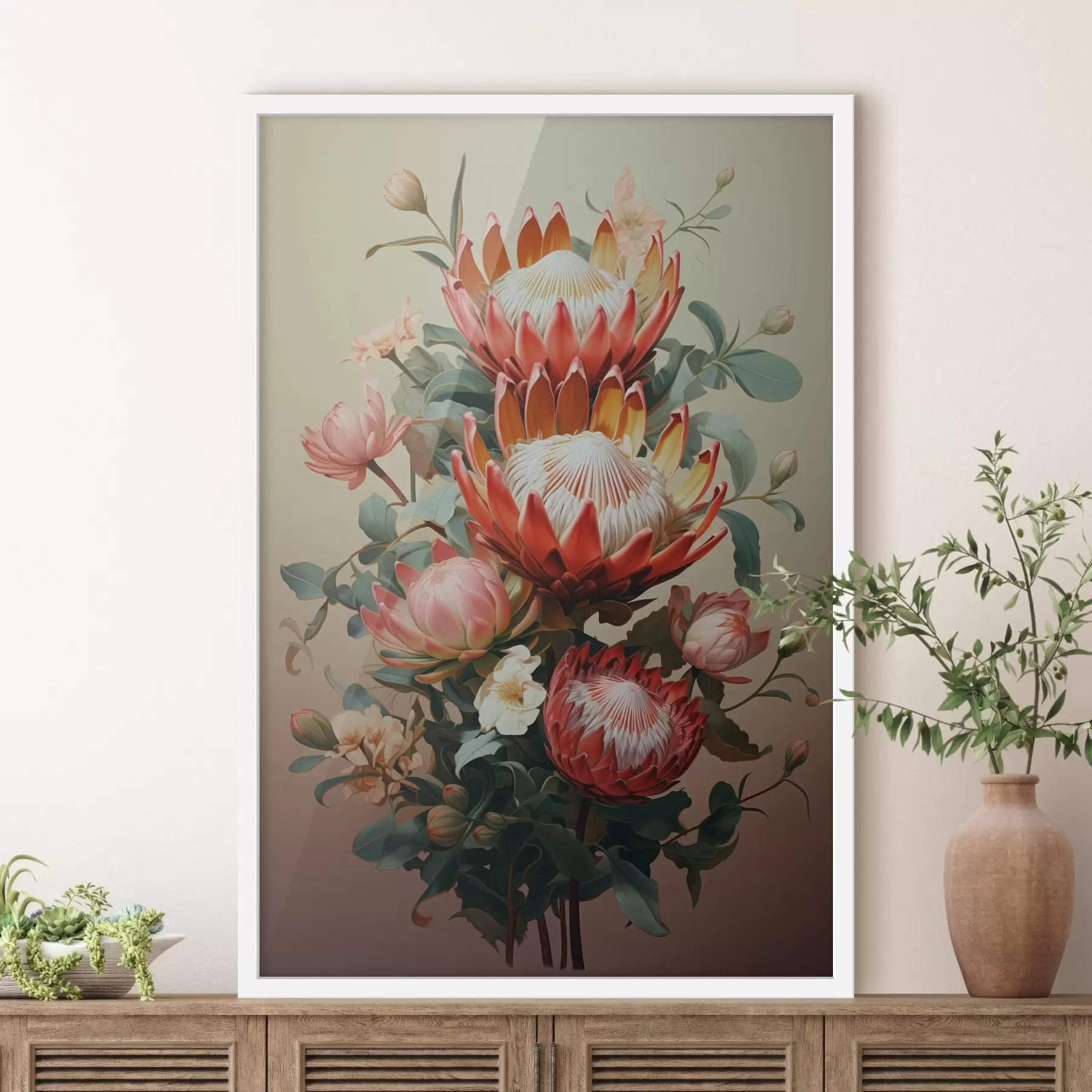 Fotobehang Compositie met grote protea's in een moderne digitale schilderachtige illustratiestijl f46947