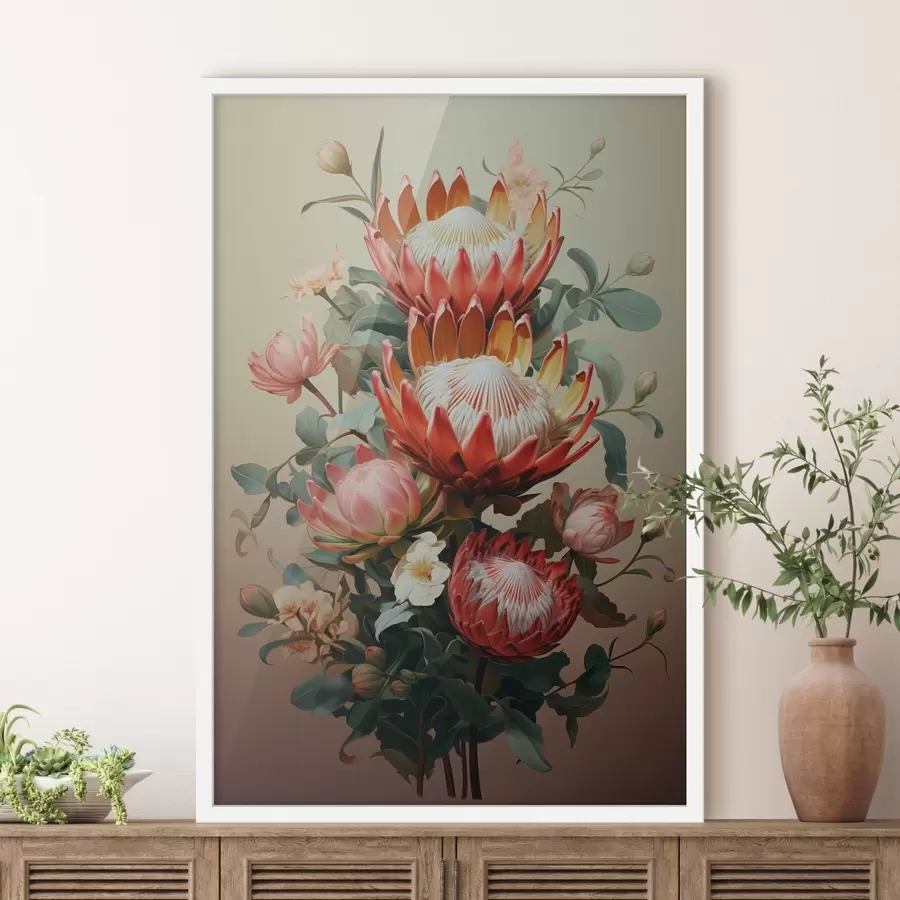 Fotobehang Compositie met grote protea's in een moderne digitale schilderachtige illustratiestijl f46947