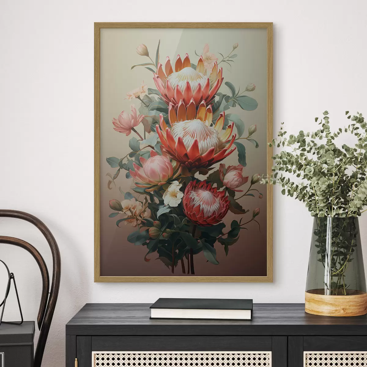 Poster Compositie met grote protea's in een moderne digitale schilderachtige illustratiestijl f46947