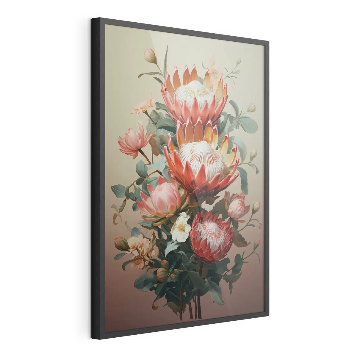 Poster Compositie met grote protea's in een moderne digitale schilderachtige illustratiestijl f46947
