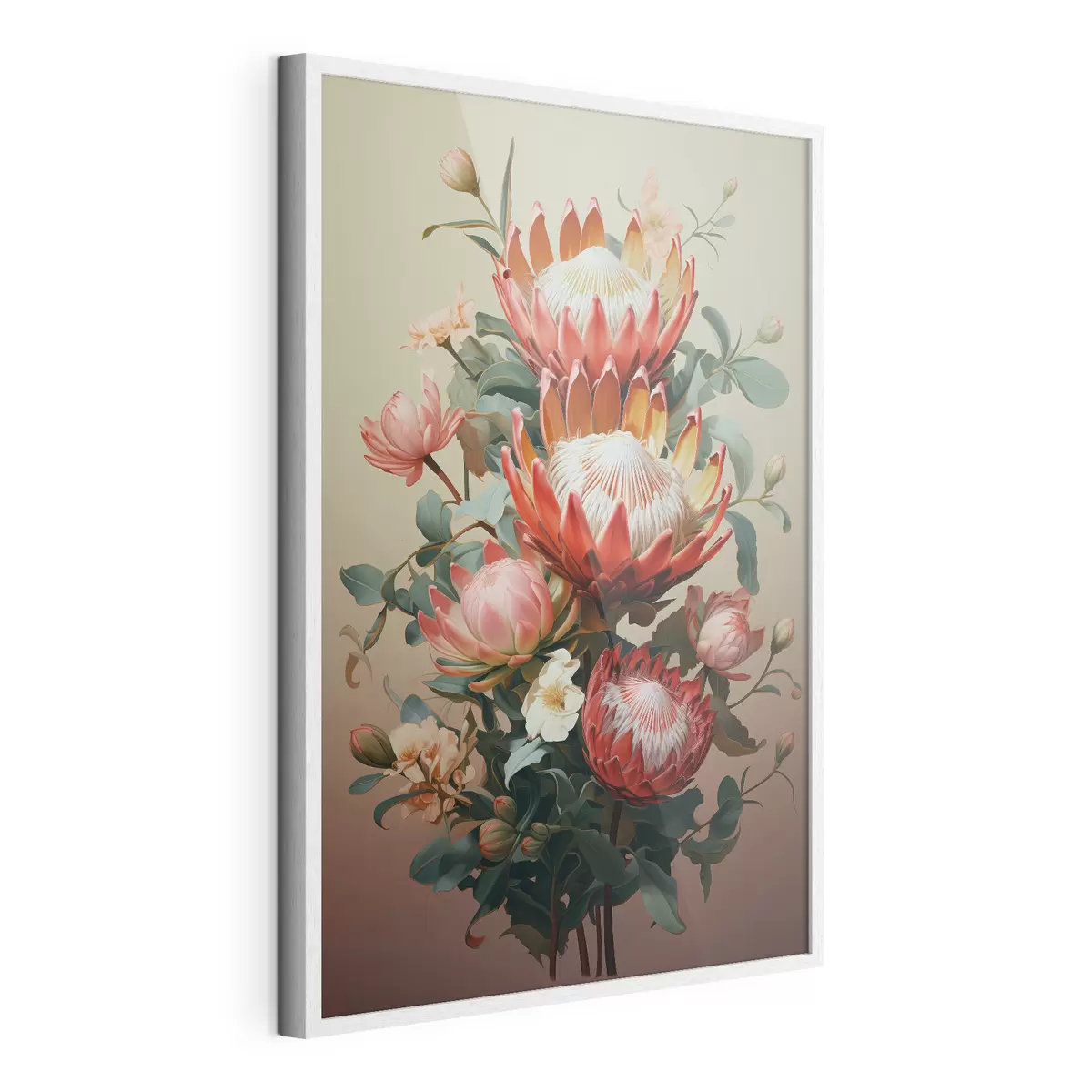 Poster Compositie met grote protea's in een moderne digitale schilderachtige illustratiestijl f46947