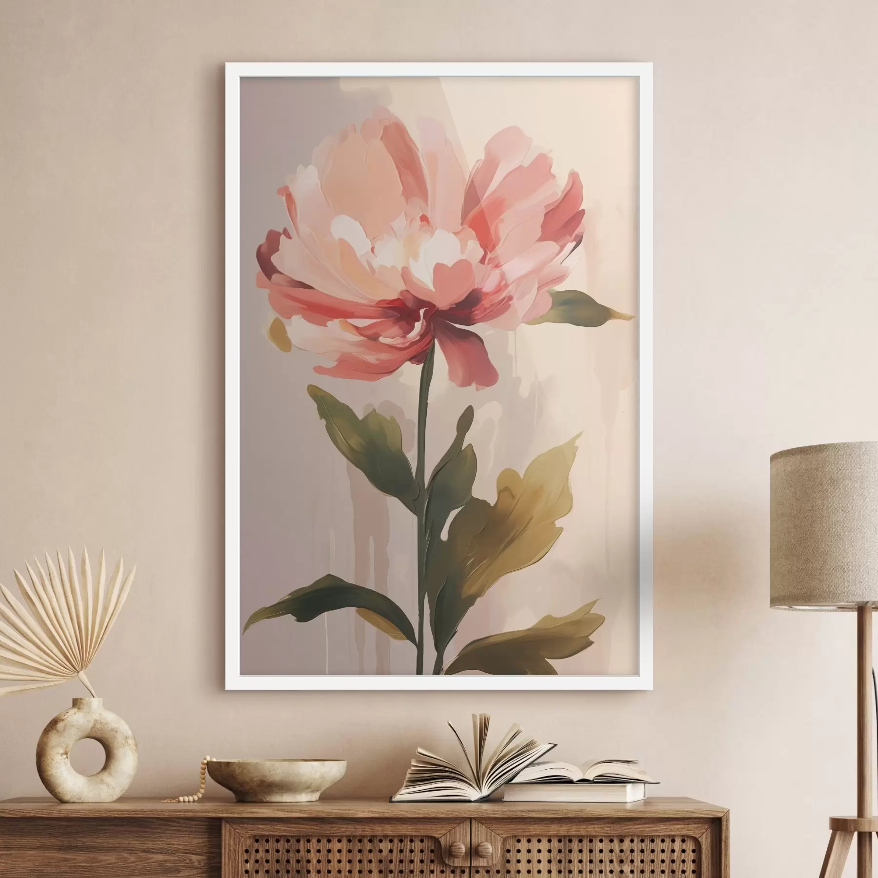 Fotobehang Pioenroos met koraalroze bloemblaadjes in een moderne illustratiestijl f46948