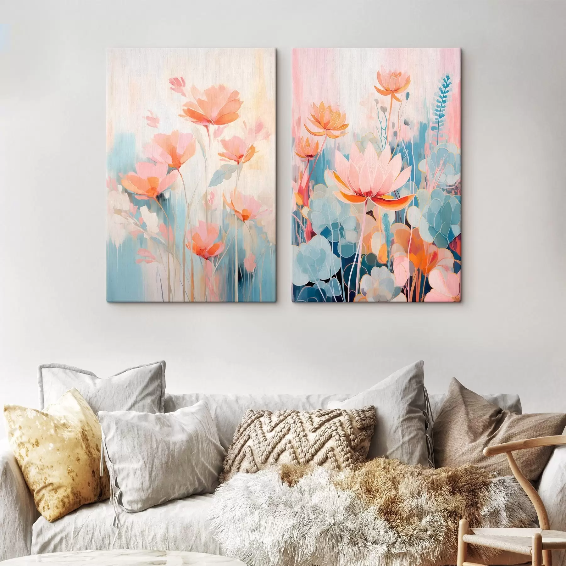  Schilderijen Aquarelharmonie van bloemen in een roze-blauw palet m01084