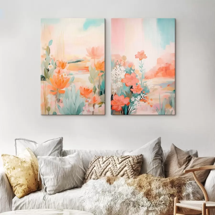  Schilderijen Bloemmotieven in pasteltinten tegen de achtergrond van een licht mistige vallei m01085