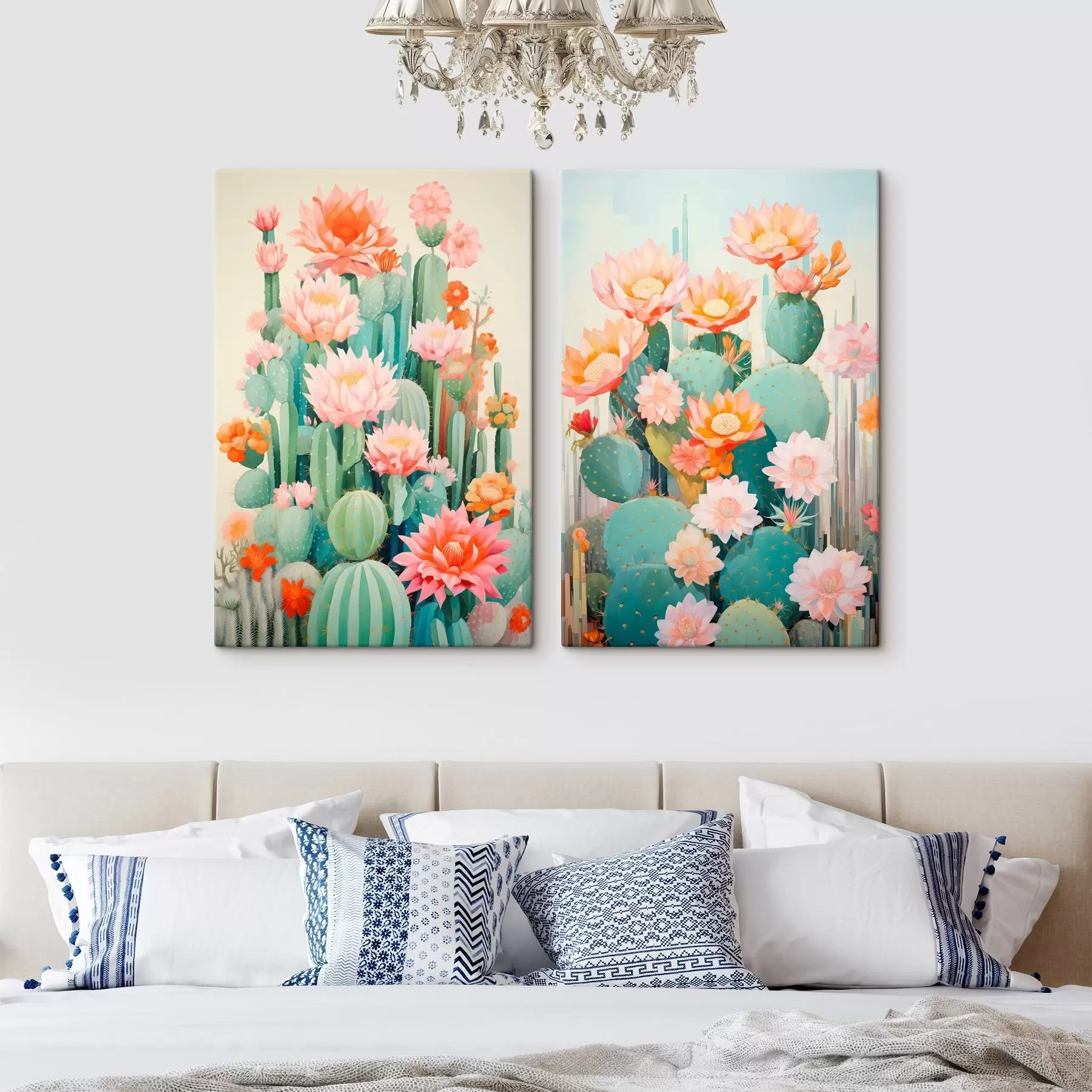  Schilderijen Cactussen met grote bloemen, een pastelkleurenpalet en een gevoel van rust m01086