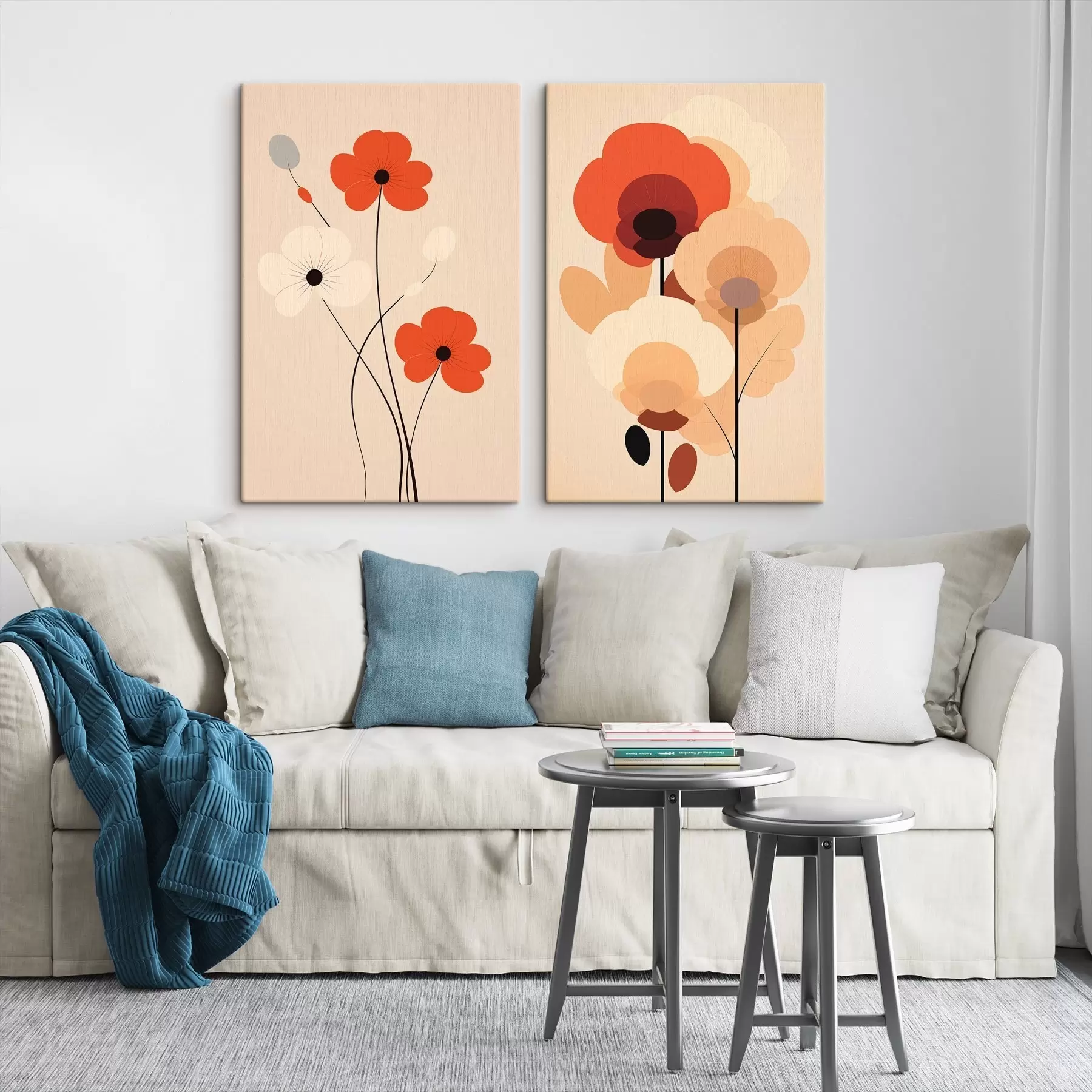  Schilderijen Minimalistisch bloemendiptiek in warme beige-koraaltinten met grafische lijnen m01090