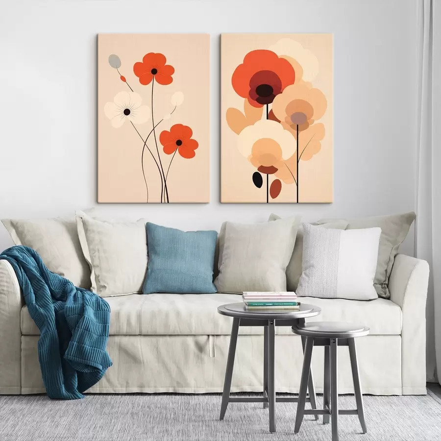  Schilderijen Minimalistisch bloemendiptiek in warme beige-koraaltinten met grafische lijnen m01090