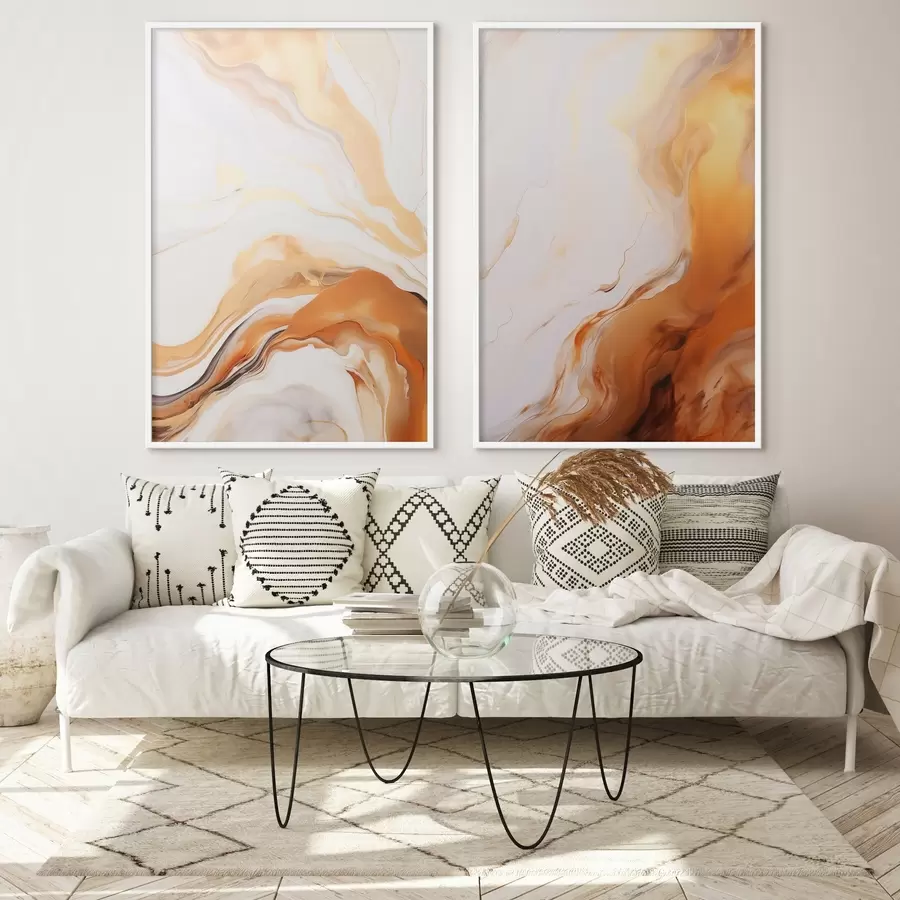 Fotobehang Abstracte schilderkunst imitatie met witte en oranje kleuren, vloeiende kunst met golvende lijnen, moderne kunst d00825