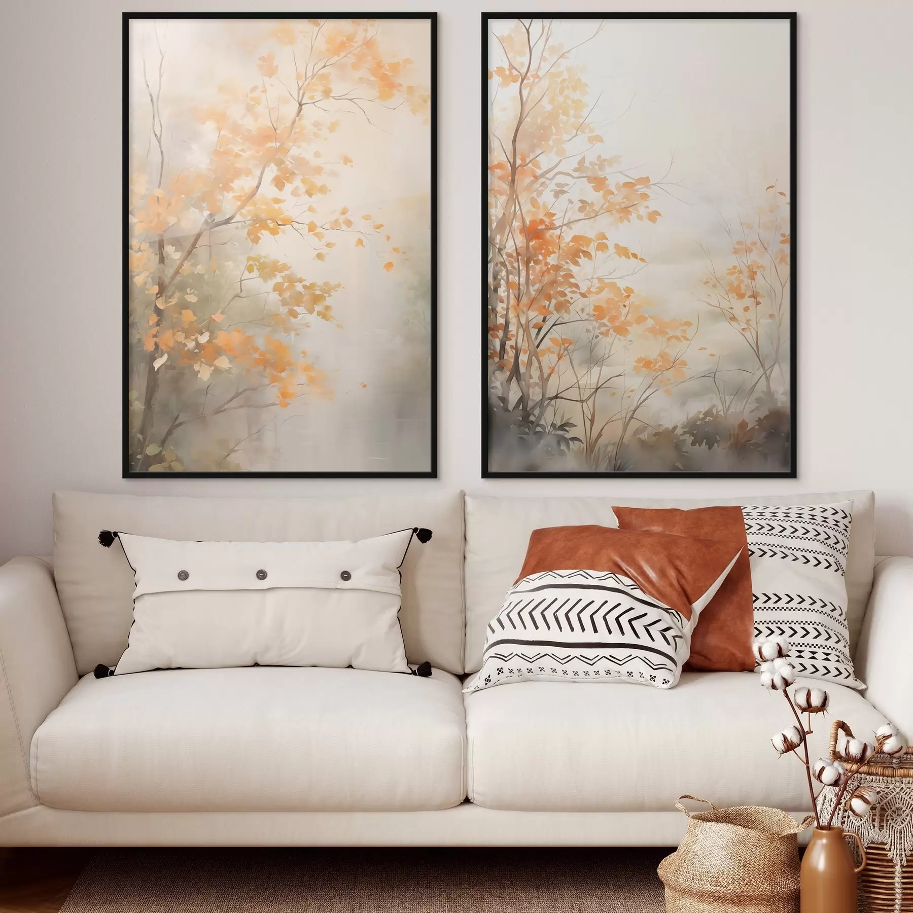 Fotobehang Herfstbomen met oranje bladeren en takken, zachte aquarelstijl, delicate penseelstreken d00826