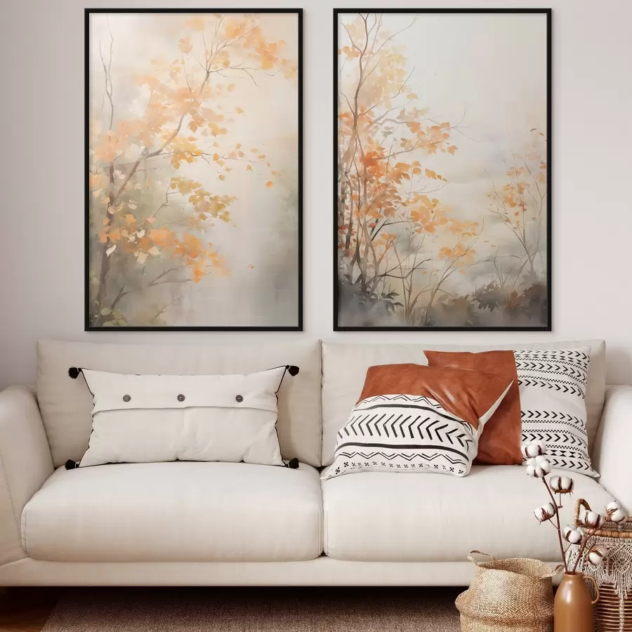 Fotobehang Herfstbomen met oranje bladeren en takken, zachte aquarelstijl, delicate penseelstreken d00826