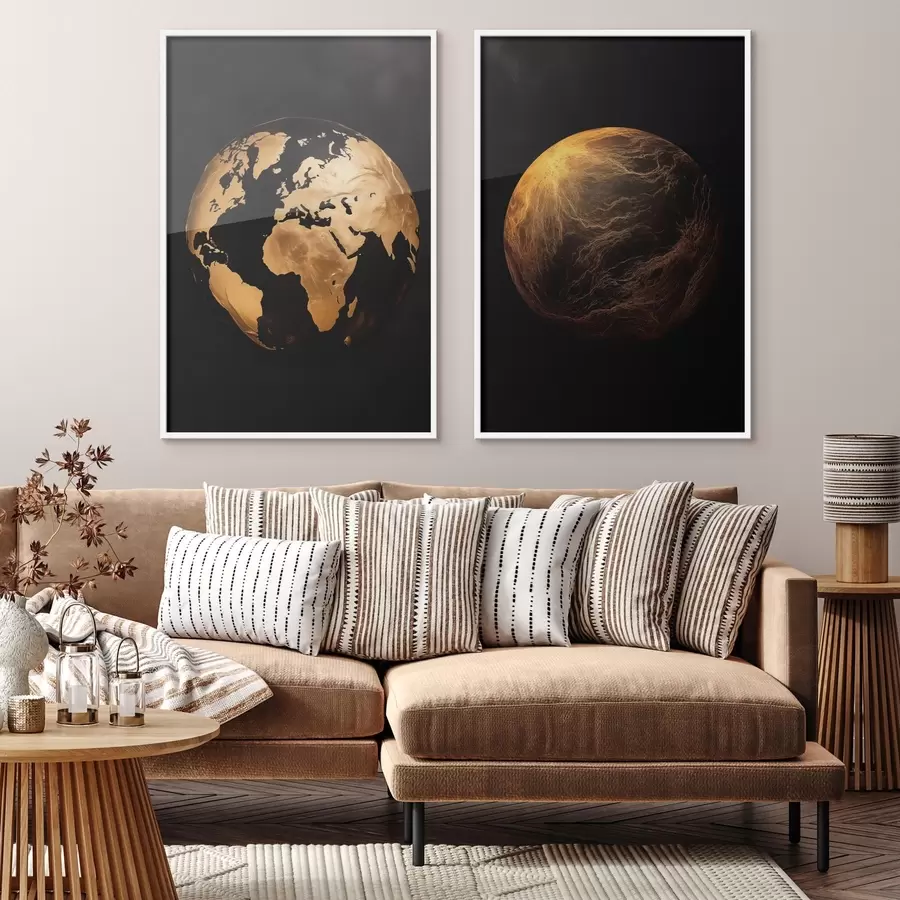Fotobehang Geabstraheerde wereldbol en planeet met textuur op een zwarte achtergrond, moderne minimalistische kunst d00827