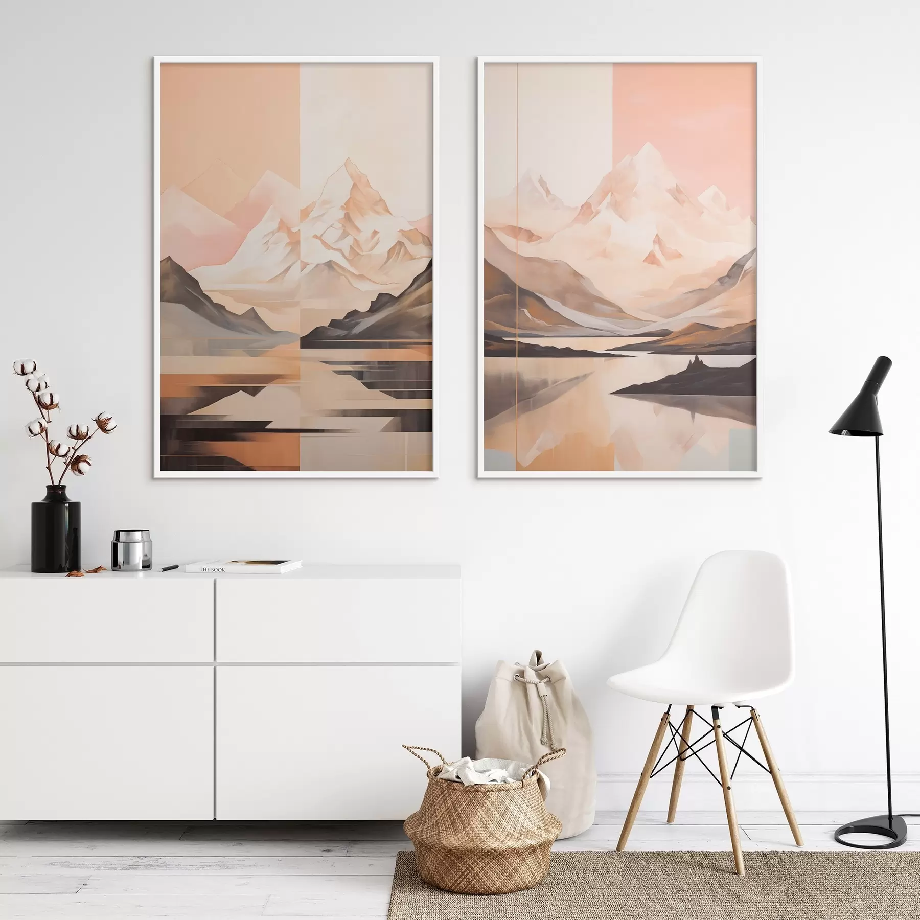 Fotobehang Abstract landschap met bergen en een meer, pastelkleuren, minimalistische stijl d00830