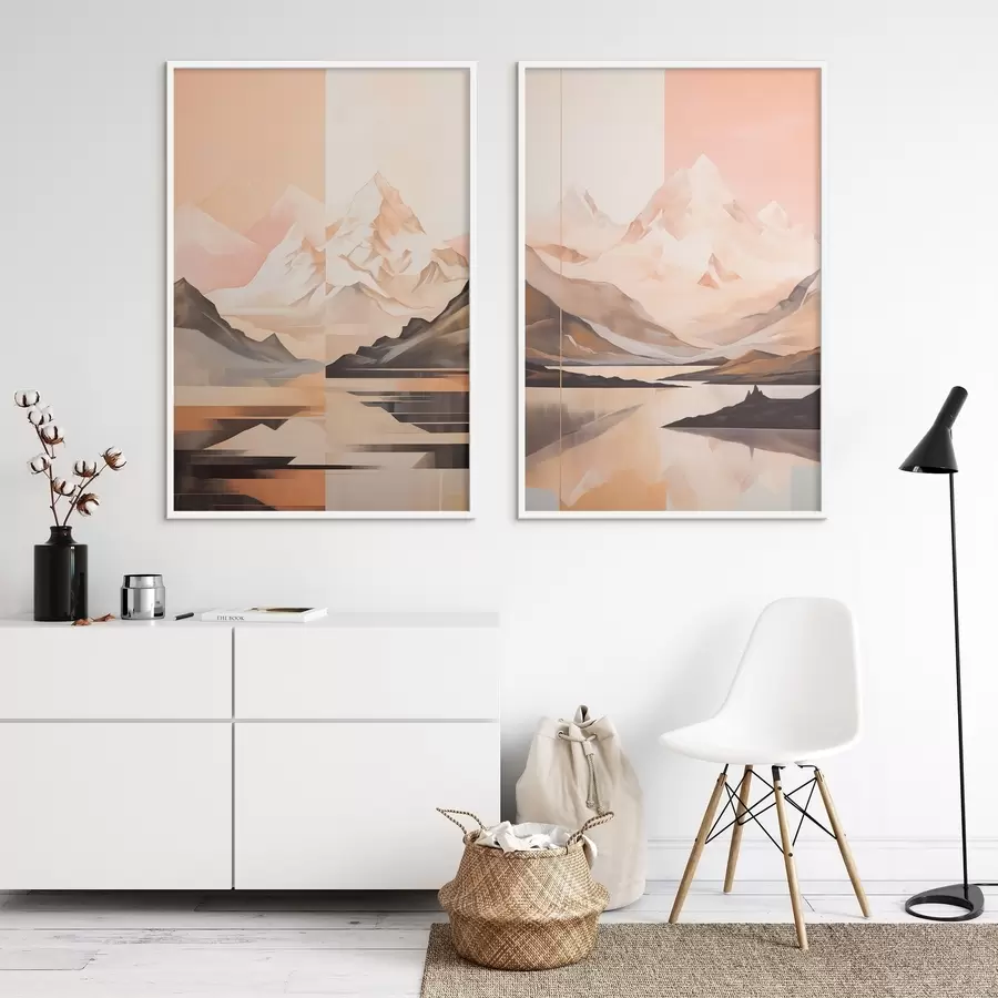 Fotobehang Abstract landschap met bergen en een meer, pastelkleuren, minimalistische stijl d00830