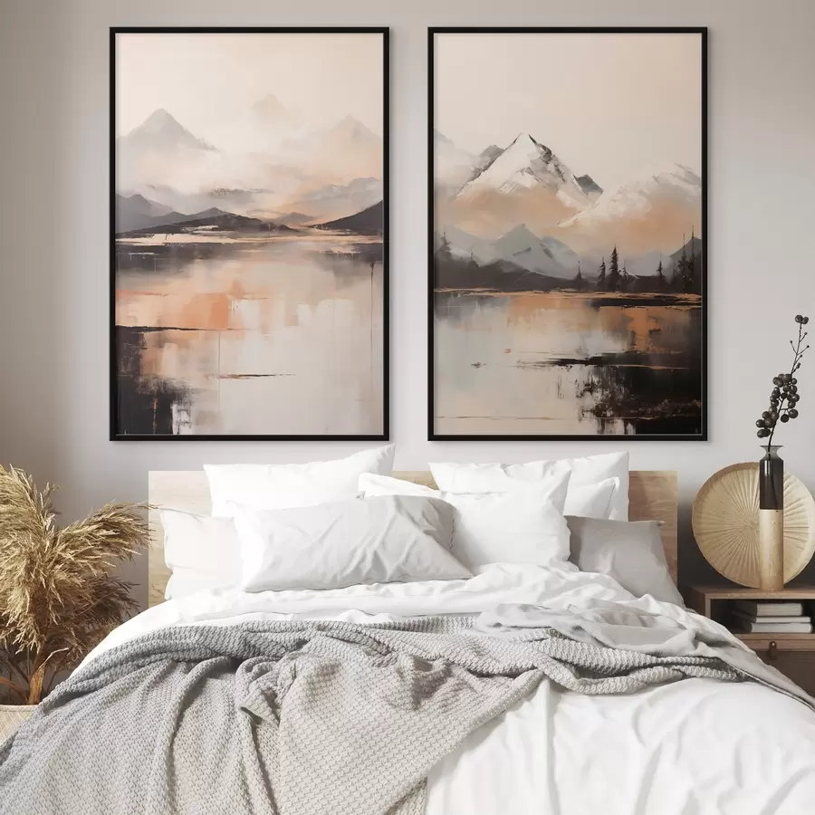 Fotobehang Een landschapsschilderij met textuur dat bergen en een meer imiteert d00831