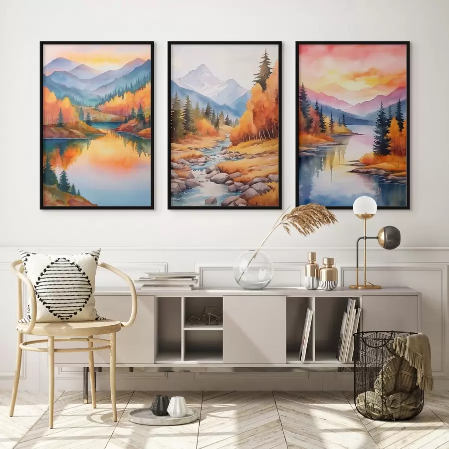 Fotobehang Herfstberglandschap in warme zonsondergangtinten d00930