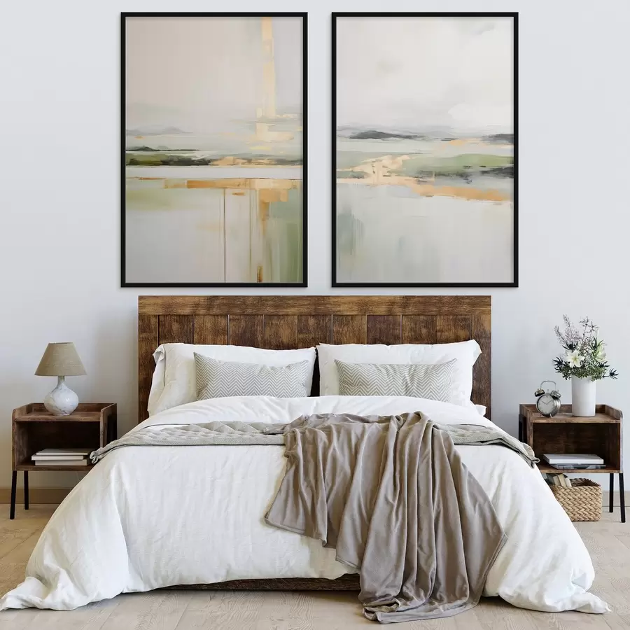 Fotobehang Abstract landschap met gele accenten, een minimalistische compositie van land, water en lucht, met gedempte kleuren d00877