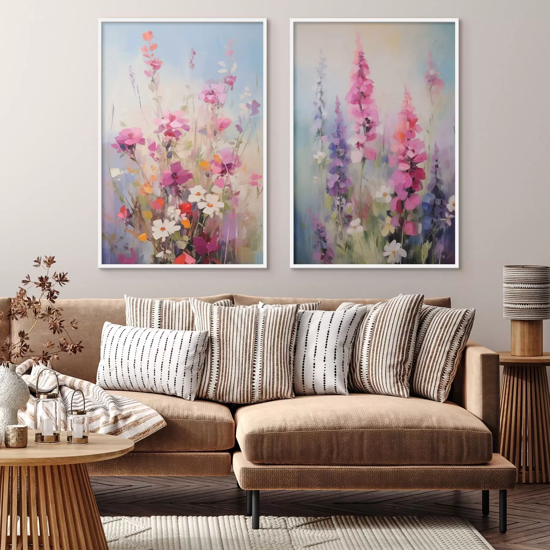 Fotobehang Levendige bloemen met witte madeliefjes in een veld, zachte penseelstreken, pastelkleuren, impressionistische stijl d00882