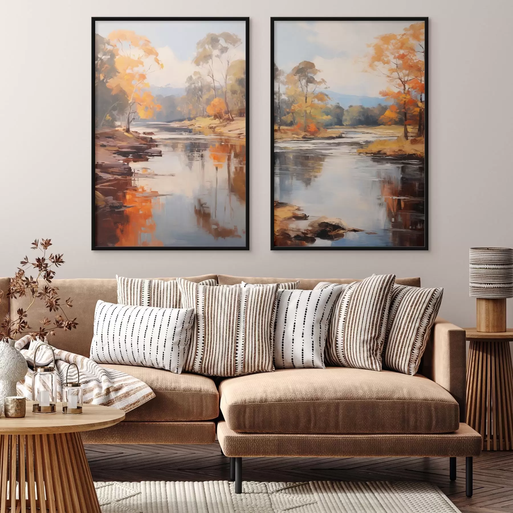 Fotobehang Herfstlandschap, rivier met bomen aan de oever, bos op de achtergrond, weerspiegelingen op het water d00883