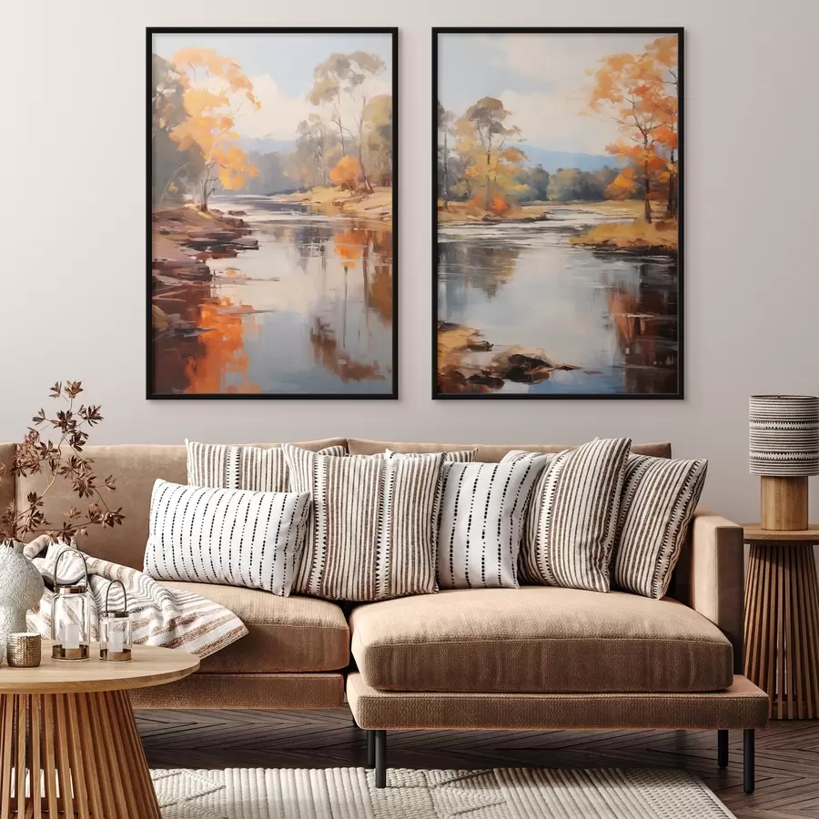 Fotobehang Herfstlandschap, rivier met bomen aan de oever, bos op de achtergrond, weerspiegelingen op het water d00883