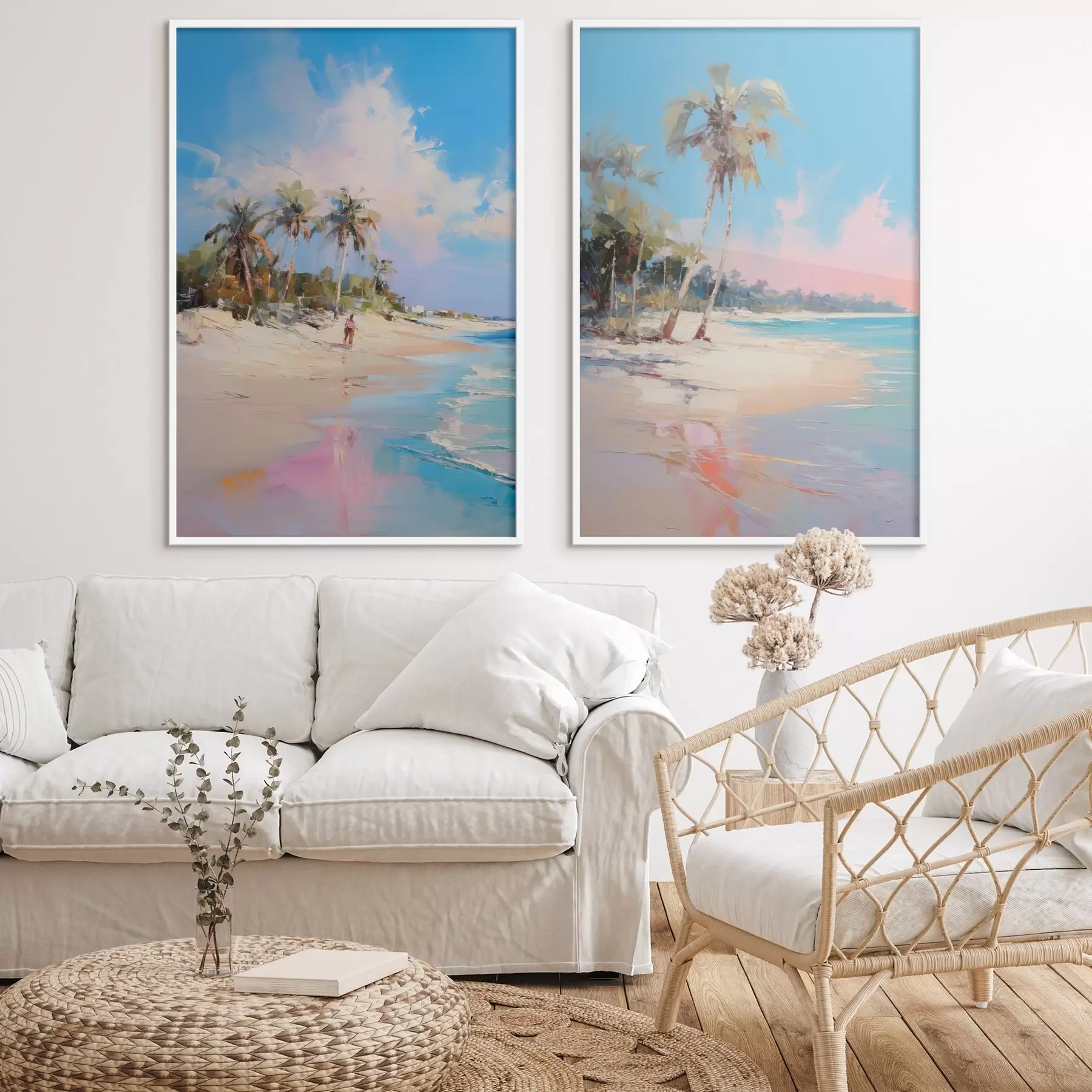 Fotobehang Abstract landschap, een strand met palmbomen, heldere zonnige dag met een blauwe lucht en enkele wolken d00885