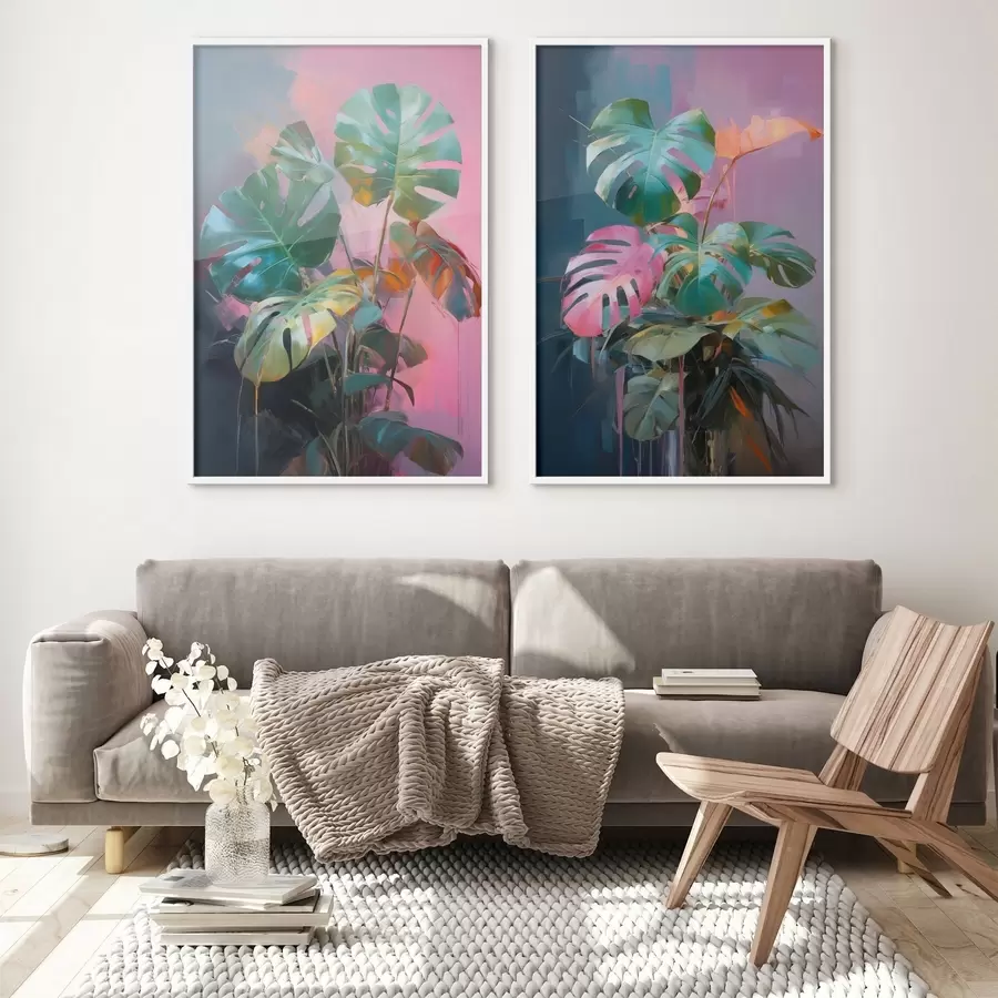Fotobehang Abstracte monstera-plant met levendig groene bladeren, tegen een achtergrond van zachte roze en paarse tinten d00886