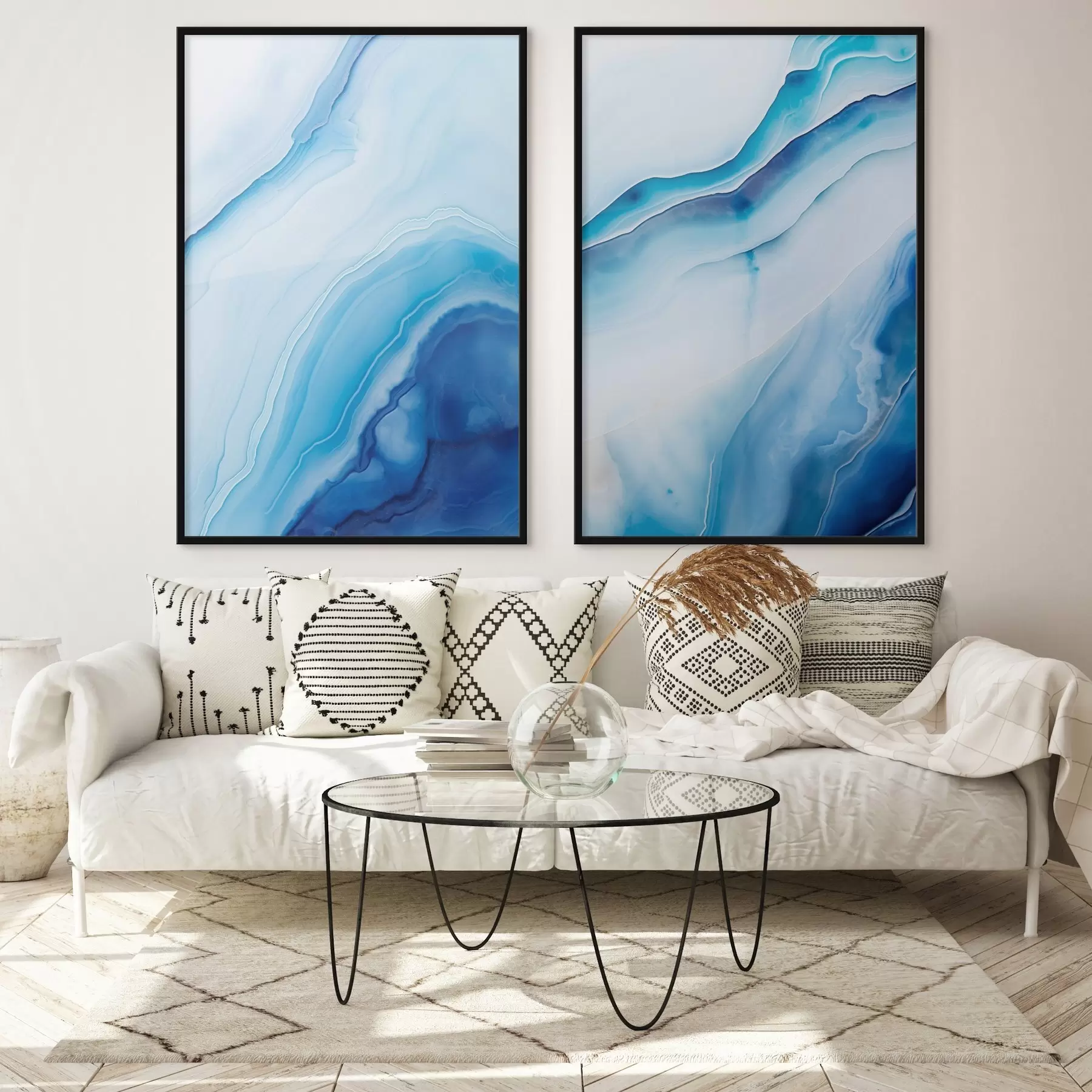 Fotobehang Abstracte blauw-witte agaatprint, wervelende lijnen en kleurverlopen, gladde textuur, moderne kunst, minimalistisch d00888