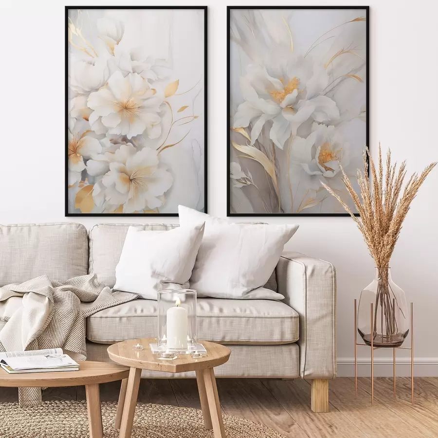 Fotobehang Witte bloemen met gele details, bloemblaadjes met subtiele schaduwen, lichte achtergrond met subtiel marmereffect d00889