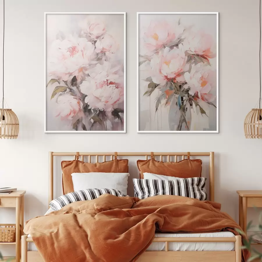 Fotobehang Een boeket lichtroze pioenrozen met groene bladeren, zachte penseelstreken, pastelkleuren, op een lichte achtergrond d00890