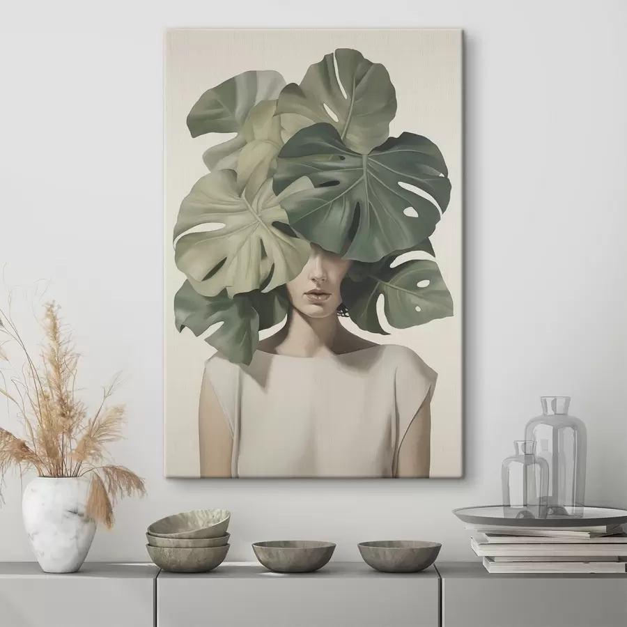  Schilderijen Abstract portret van een meisje met monstera-bladeren s47336